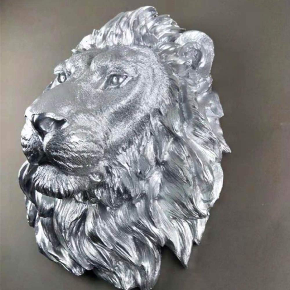 Large Silver Lion Head Resin Wall Decor - Animal Statue Figurine for Home, Living Room, Bedroom, Bookcase & Desktop - Unique Handcrafted Gift & Decorative Accessory (Perfect for Rustic, Gothic or Vintage Interior Design Themes)