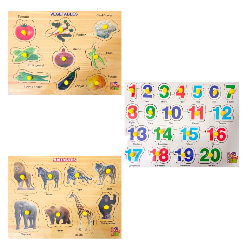 Combo of 5 Wooden Learning Boards: Shape, Small Shape, Wild Animals, 1-20 Numbers, Vegetables - Educational Wooden Puzzles for Kids 3+ & Adults - Perfect for Home Learning, Classroom Activities, and Family Bonding