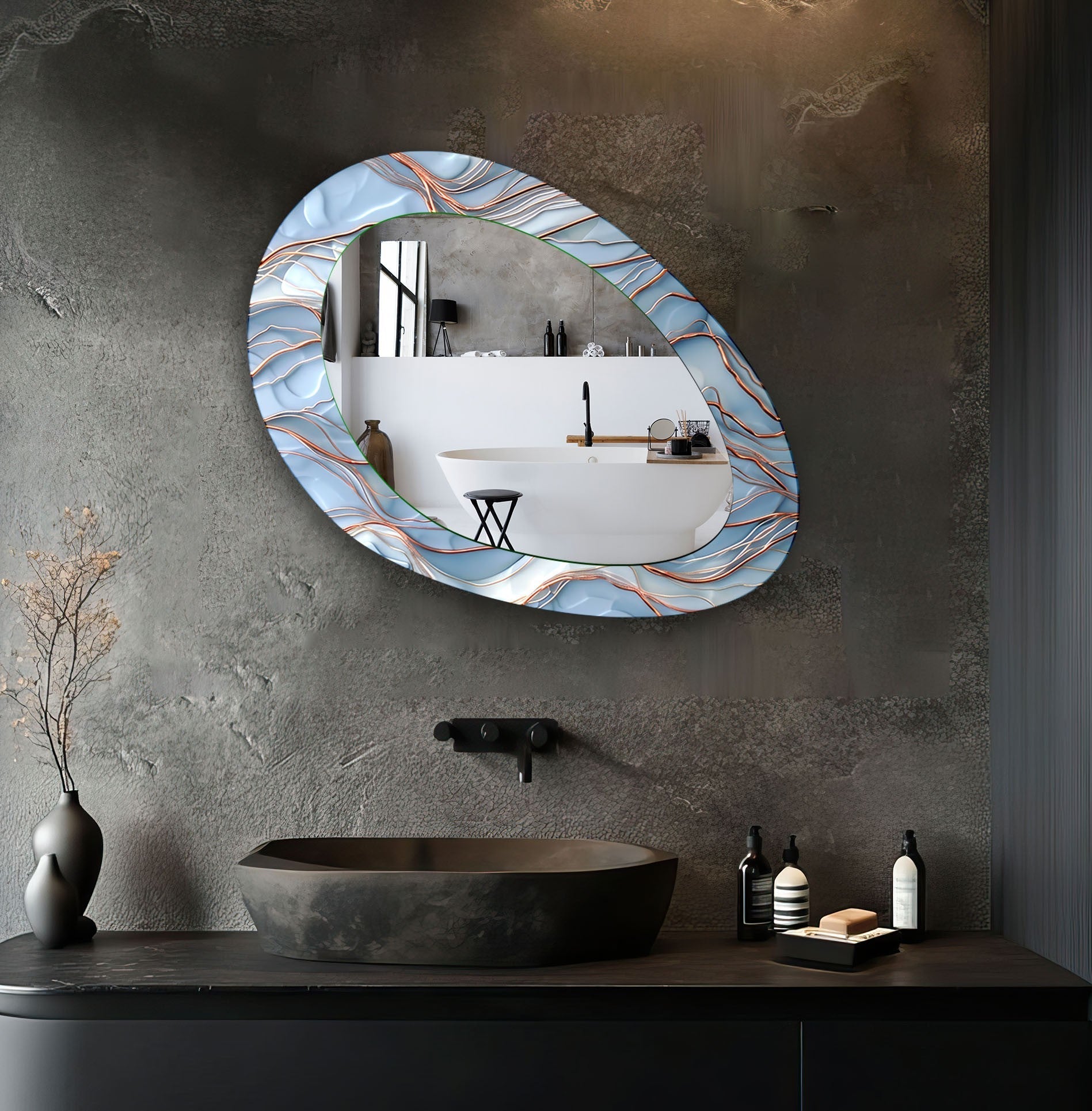 Blue and Copper Oval Modern Wall Mirror - Elegant Home Decor for Living Room, Bedroom & Entryway - Perfect for Adding Style and Depth to Any Space