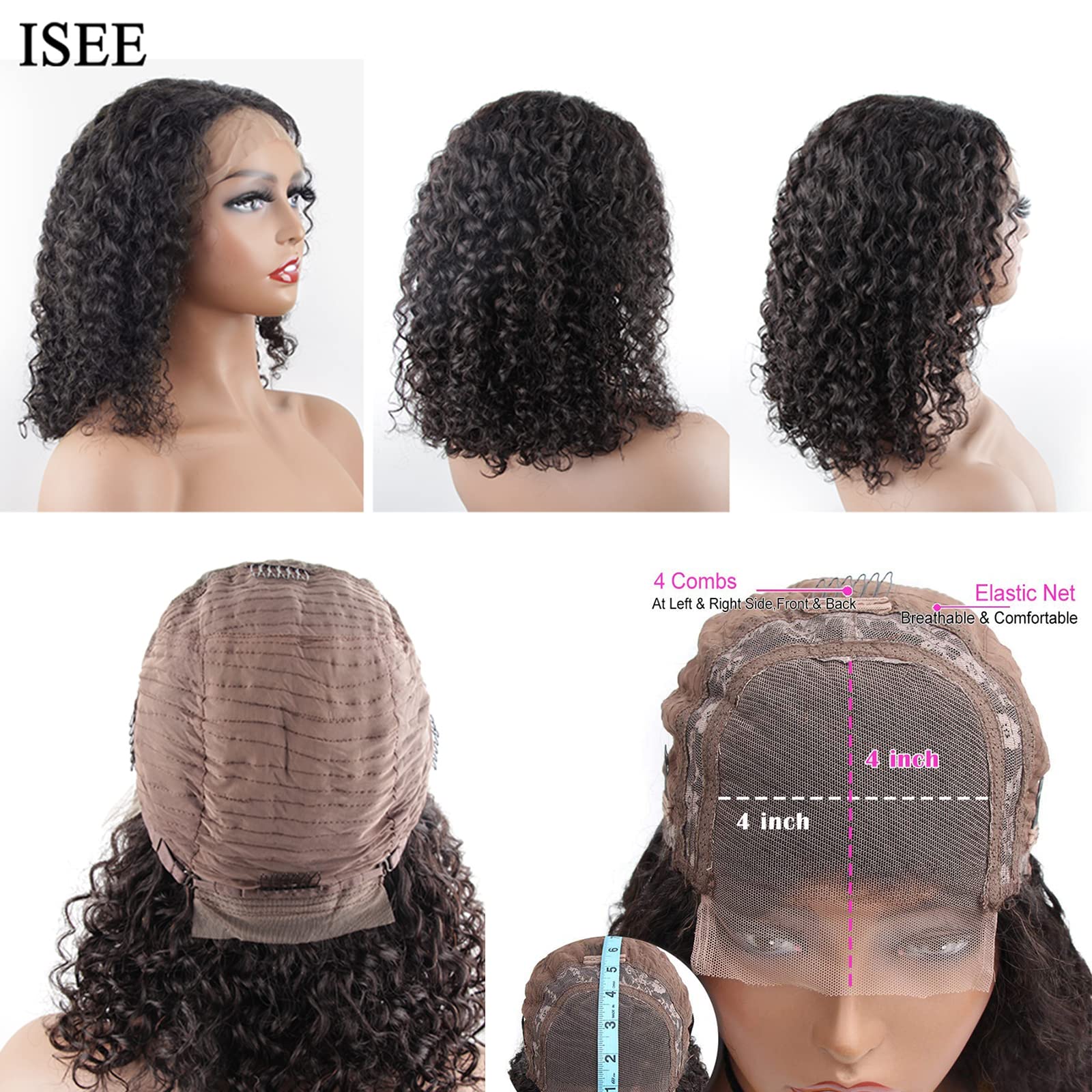 ISEE Short Curly Bob Wigs 10 Inch - 100% Human Hair Lace Front Wig with 4x4 Closure - Kinky Curly Virgin Hair 150% Density Natural Black Color for African American Women - Perfect for Daily Wear, Cosplay & Special Occasions
