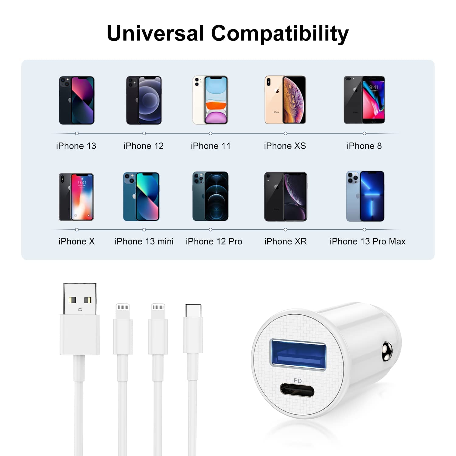 Apple MFi Certified USB C Car Charger - Fast Charging Dual Port Cigarette Lighter Adapter for iPhone 14/13/12/11/XS/Plus & iPad - Includes 2Pack Lightning to USB C/A Cables - Perfect for Road Trips & Daily Commutes
