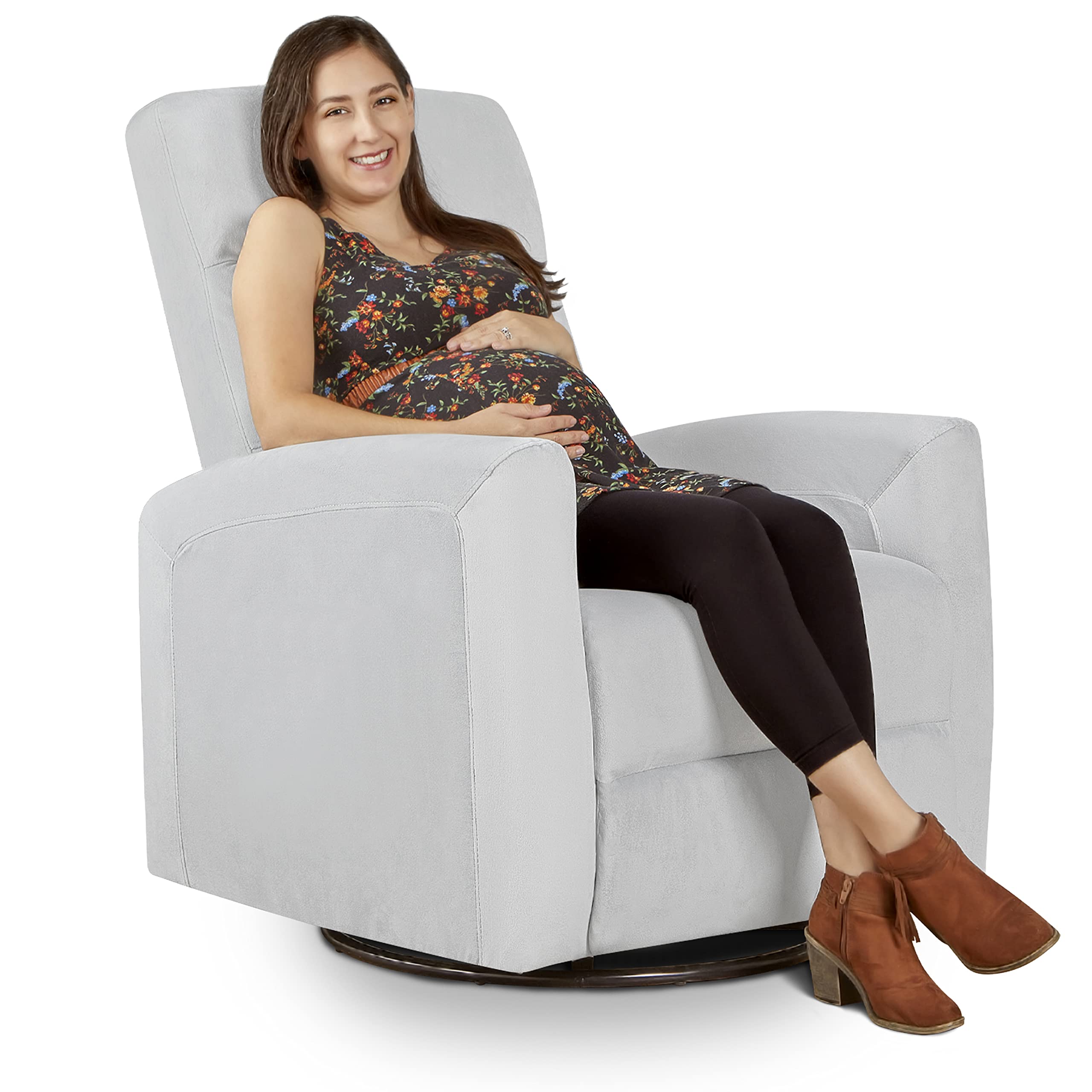 Evolur Reevo Upholstered Faux Leather Glider Swivel Chair - Misty Grey Nursery Rocker with Tool-Free Assembly, Greenguard Gold Certified & Easy to Clean - Perfect for Breastfeeding, Baby Nurseries & Relaxing in Living Rooms
