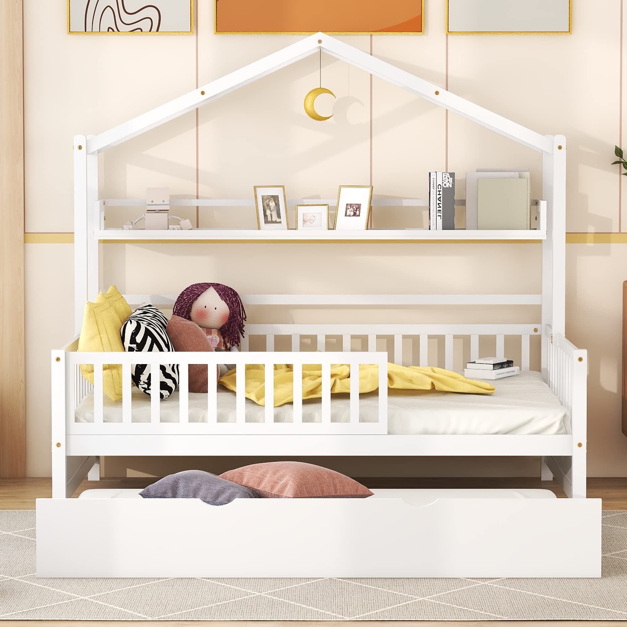 Bellemave Full Size Wooden House Bed with Trundle & Storage - Montessori Kids Bed with Safety Rails, Playhouse Tent Frame for Boys & Girls (White) - Perfect for Bedrooms, Playrooms & Montessori Learning Spaces