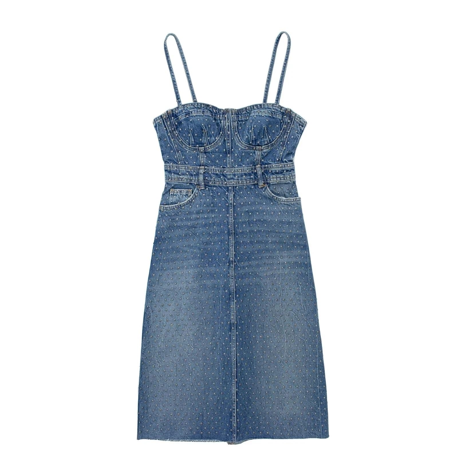 Women's Denim Corset Midi Dress - Sleeveless Backless Studded Summer Dress for Casual Wear | Perfect for Beach Parties, Date Nights & Summer Outings