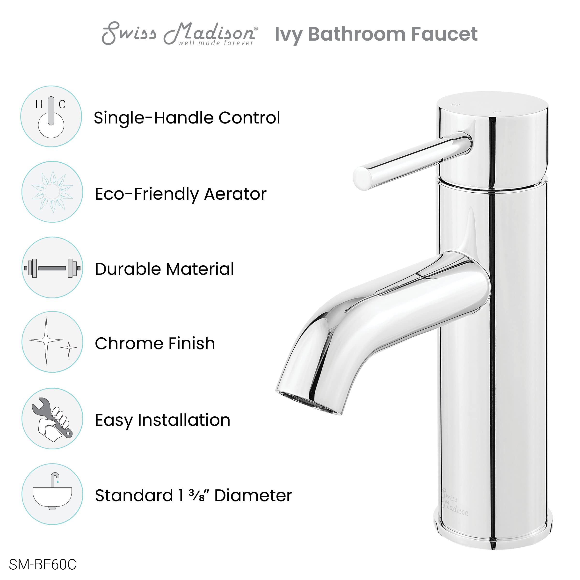 Chrome Ivy Single Hole Single Handle Bathroom Faucet - Modern Water-Saving Design for Sink, Vanity, and Powder Room