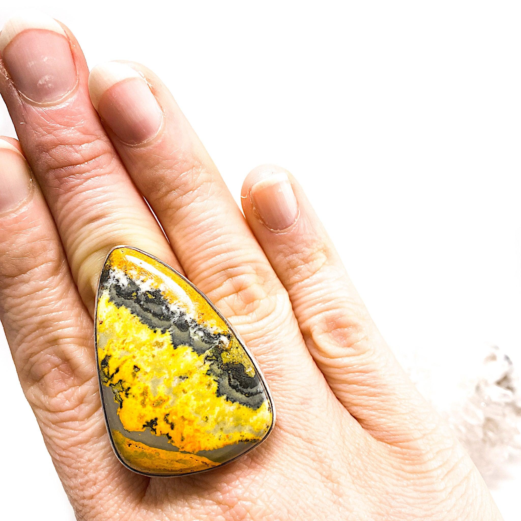 Bumble Bee Jasper Teardrop Cabochon Ring - Size 10 - KRGJ1185 - Handmade Gemstone Jewelry for Women - Perfect for Boho Style, Gift Giving & Special Occasions