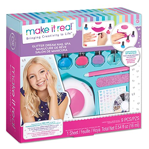 Make It Real Glitter Nail Spa Kit for Kids - DIY Manicure & Pedicure Set with Nail Polish, Stickers & Nail Dryer - Perfect for Birthday Gifts, Spa Parties & Creative Play