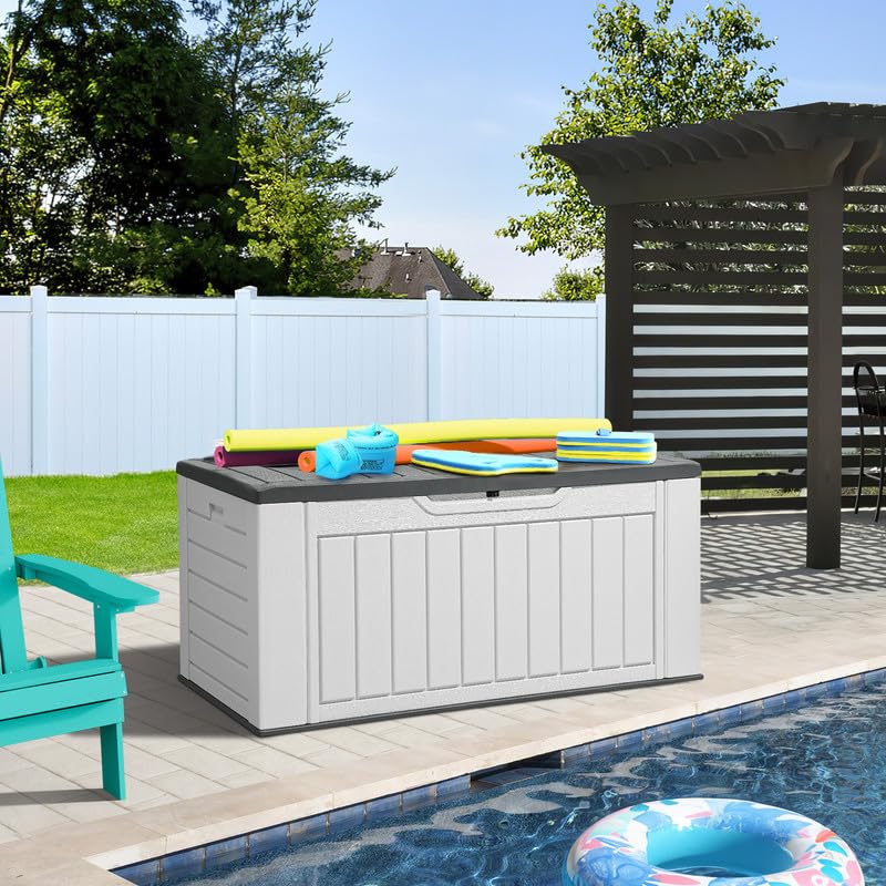 DWVO XL 160 Gallon Large Deck Box - Waterproof Outdoor Storage Container for Patio Furniture Cushions, Garden Tools, Pool Toys & Supplies - Weather-Resistant Resin with Lockable Lid - Light Grey - Perfect for Backyard, Deck, and Poolside Organization