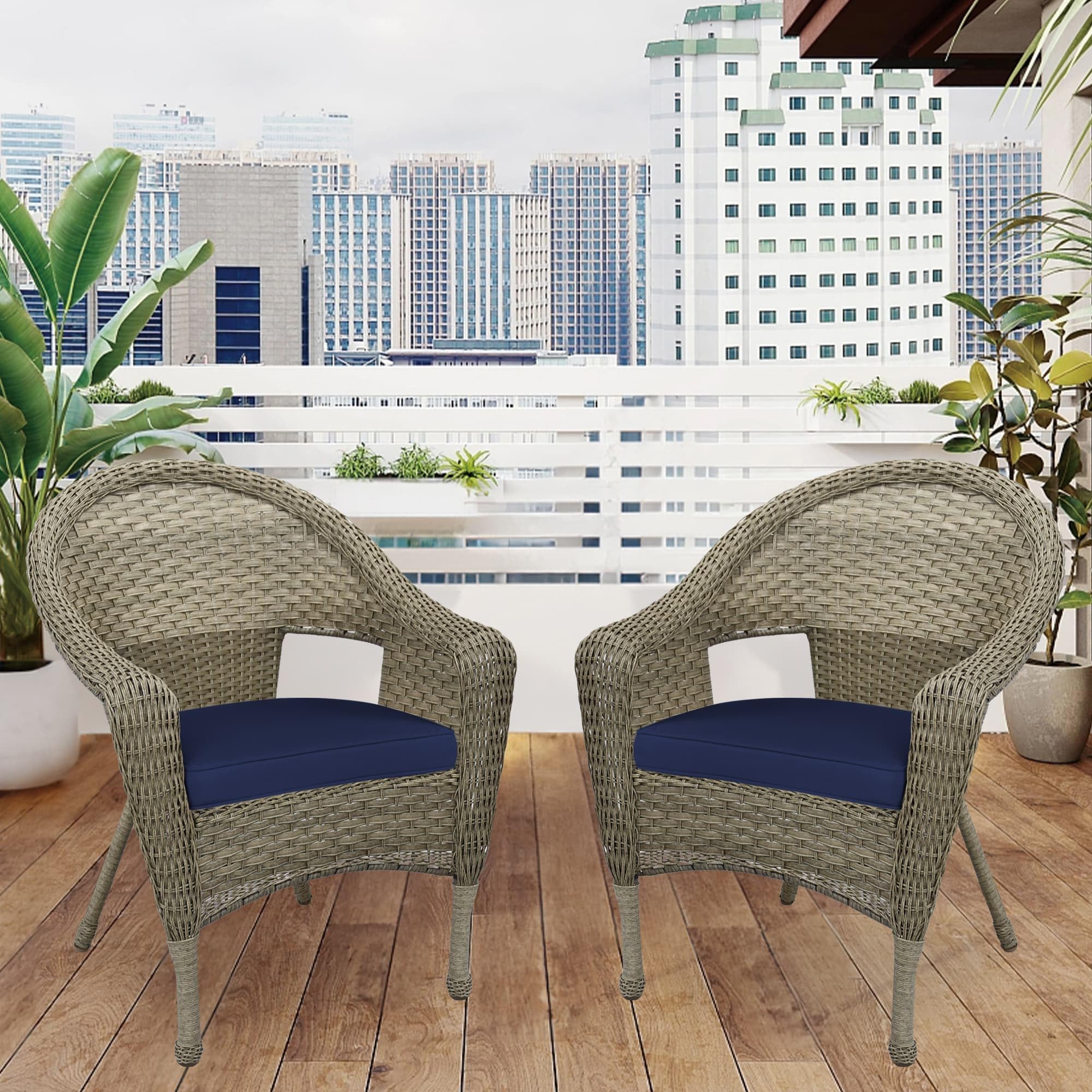 Jeco W00402G_2-FS011 Set of 2 Outdoor Resin Wicker Patio Chairs with Grey Frame & Midnight Blue Cushions - Perfect for Poolside, Garden, or Balcony Relaxation