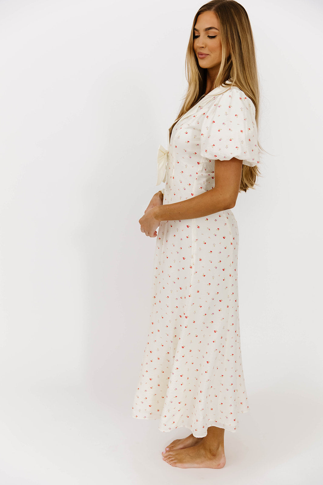 Florian Puff Sleeve Bow Front Collar Midi Dress - Elegant Cream Floral Print Summer Dress for Women | Perfect for Weddings, Garden Parties & Date Nights