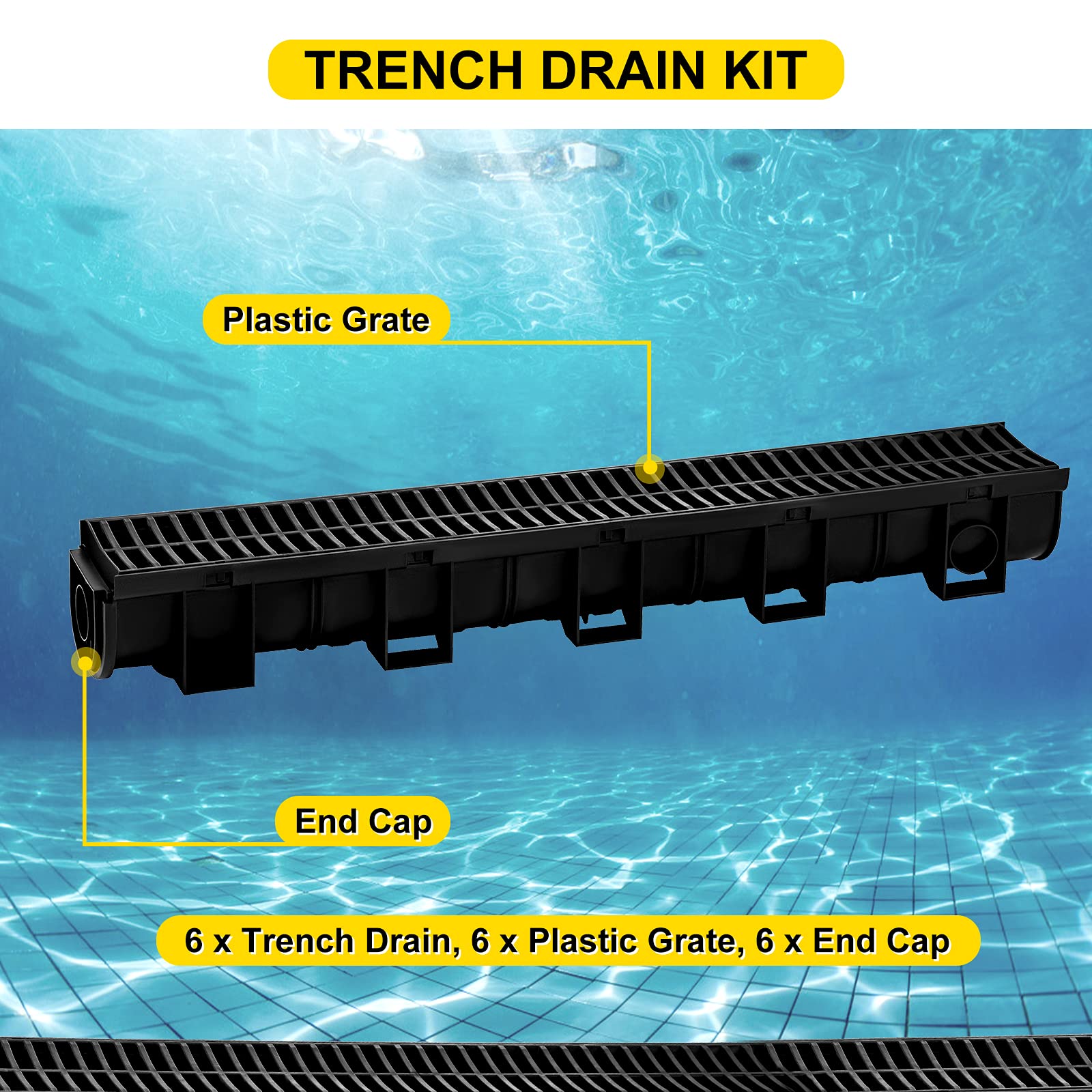 VEVOR 5.9x5.1-Inch HDPE Trench Drain System with Plastic Grate - Heavy Duty Channel Drainage for Garden, Driveway, Patio & Yard (6 Pack) - Perfect for Water Runoff Control and Landscape Drainage Solutions