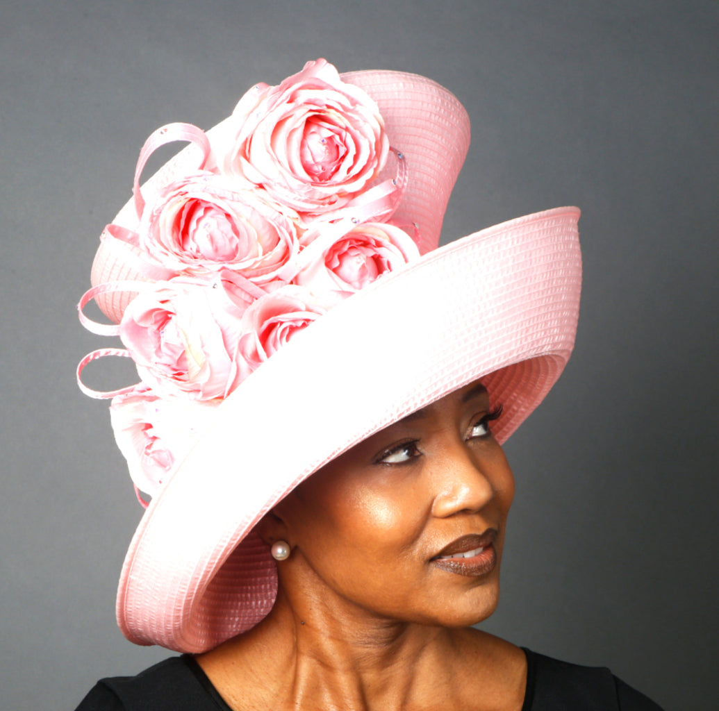 OE0019 Baby Pink Satin Ladies Dress Hat - Elegant Women's Fashion Headwear for Weddings, Parties & Special Occasions