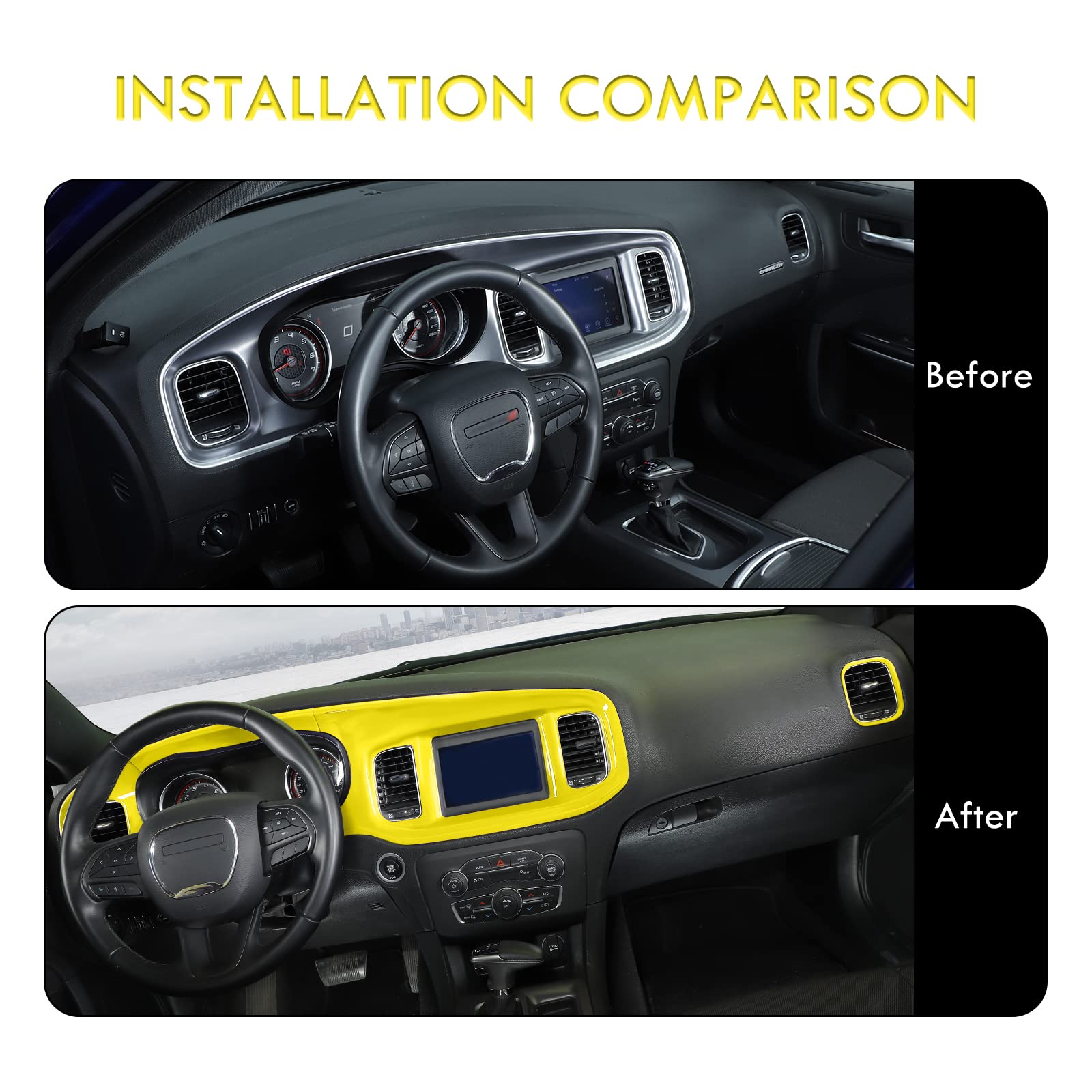 2015-2024 Dodge Charger ABS Yellow Dashboard Trim Panel Kit - 5-Piece Interior Accessories Set for Center Console & Gauge Cluster Upgrade | Perfect for Car Customization & Interior Styling