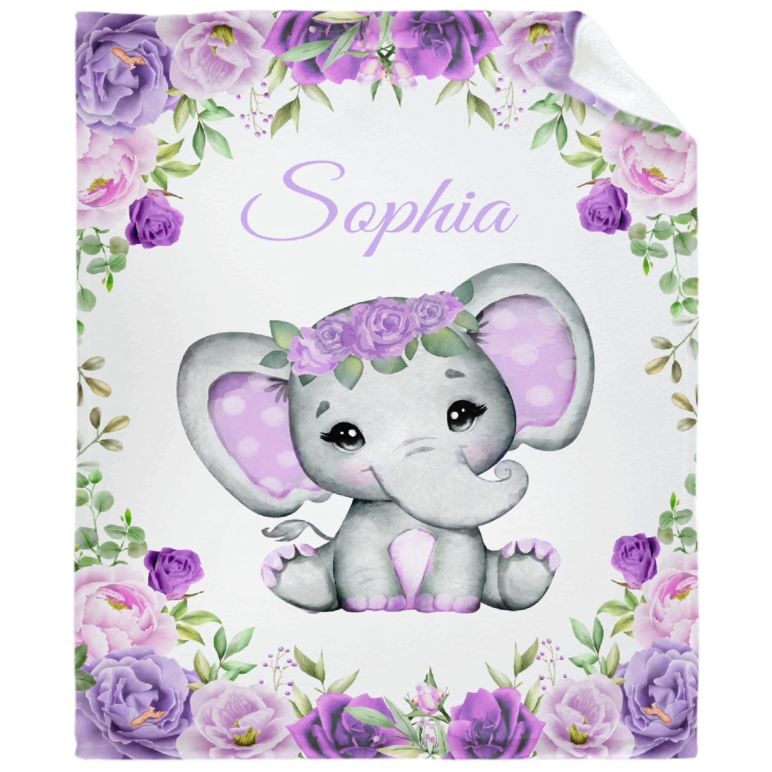 Personalized Baby Blankets for Boys & Girls - Custom Name Elephant Fleece Blanket - Soft Cozy Purple Floral Throw for Newborns - Perfect Baby Shower Gift & Family Bed Blanket for Nursery, Crib & Snuggling