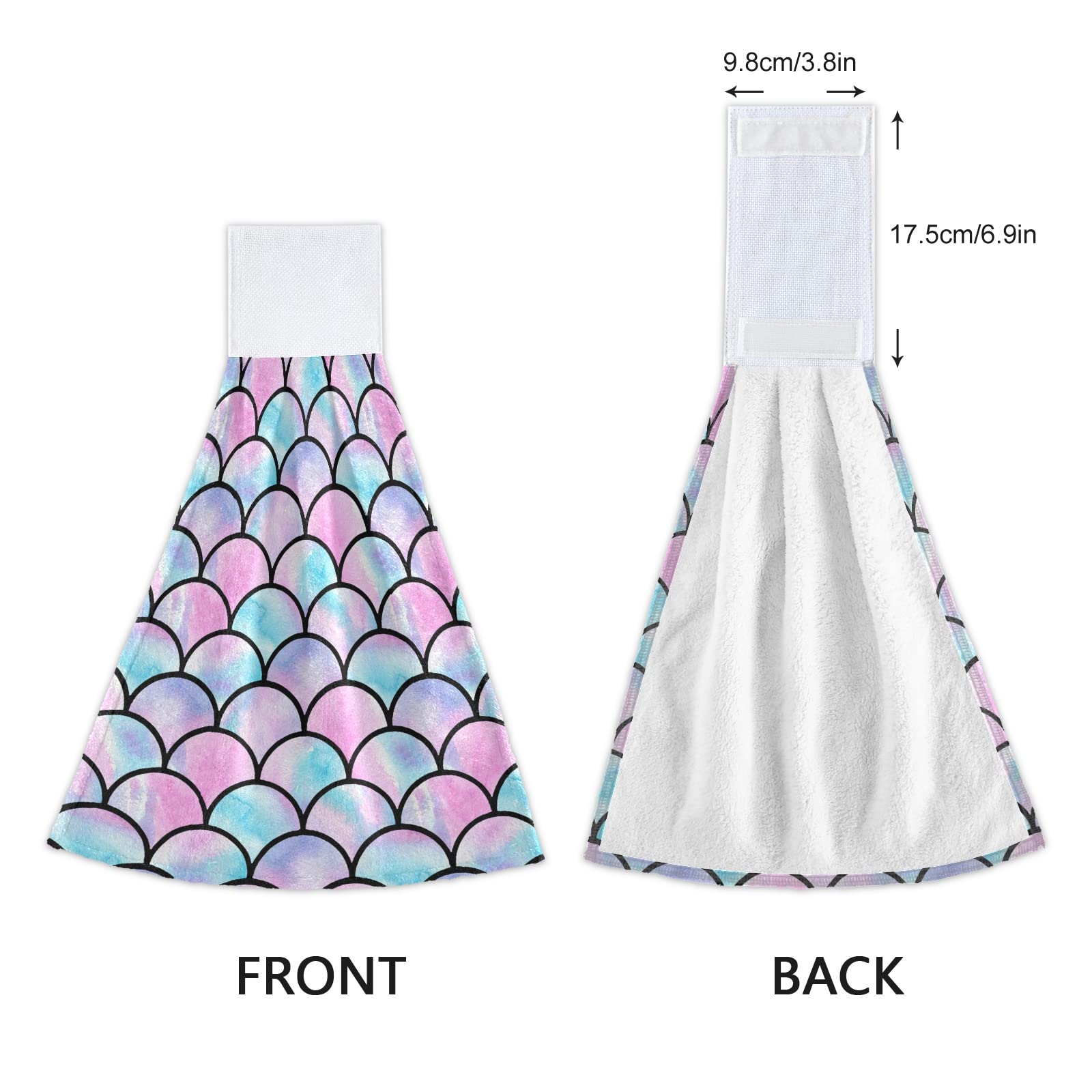 2 Pack Seamless Watercolor Lilac Mermaid Fish Scale Hanging Kitchen Hand Towels - Soft Face & Bath Towels, Fast Drying Cleaning Cloths with Hook & Loop for Home, Dishwashing & Bathroom Use