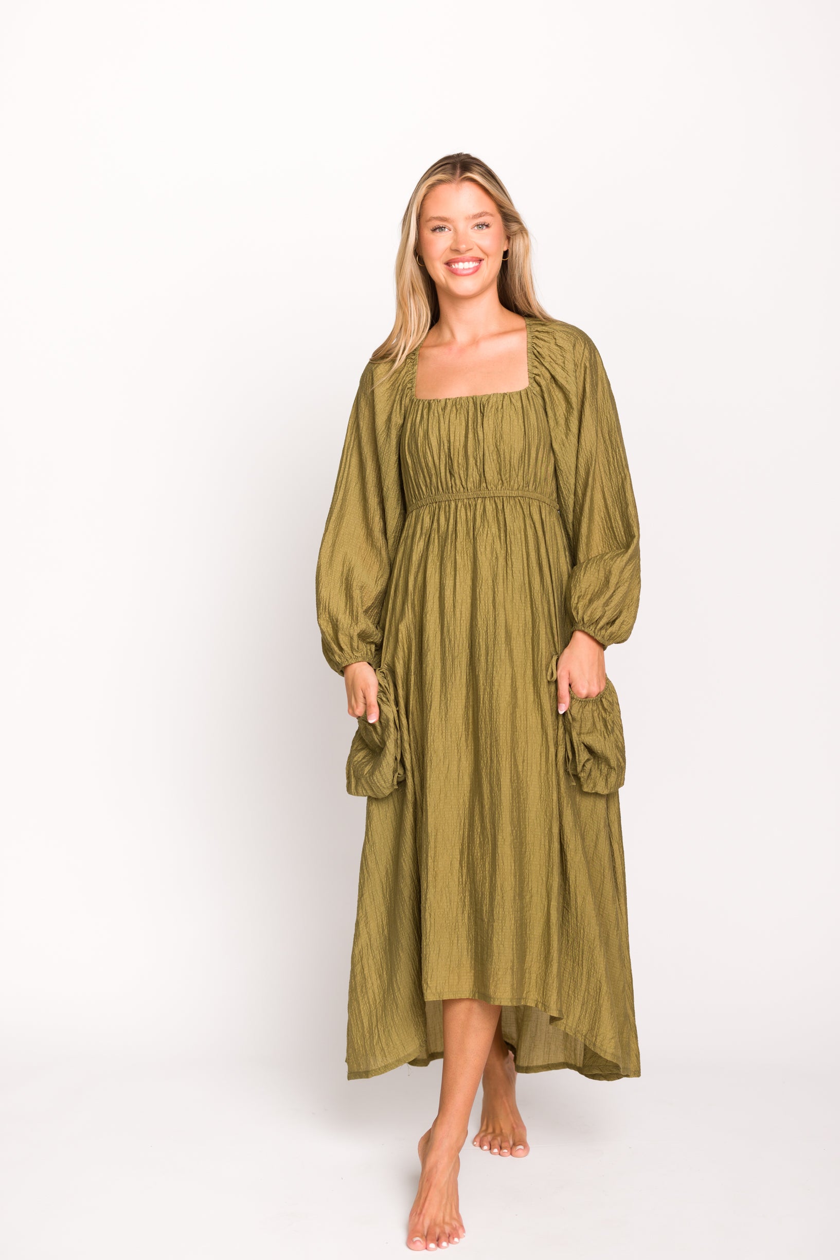 Ariana Women's Olive Long Sleeve Maxi Dress with Slouchy Pocket - Elegant Boho Style for Casual Wear, Date Night & Fall Fashion
