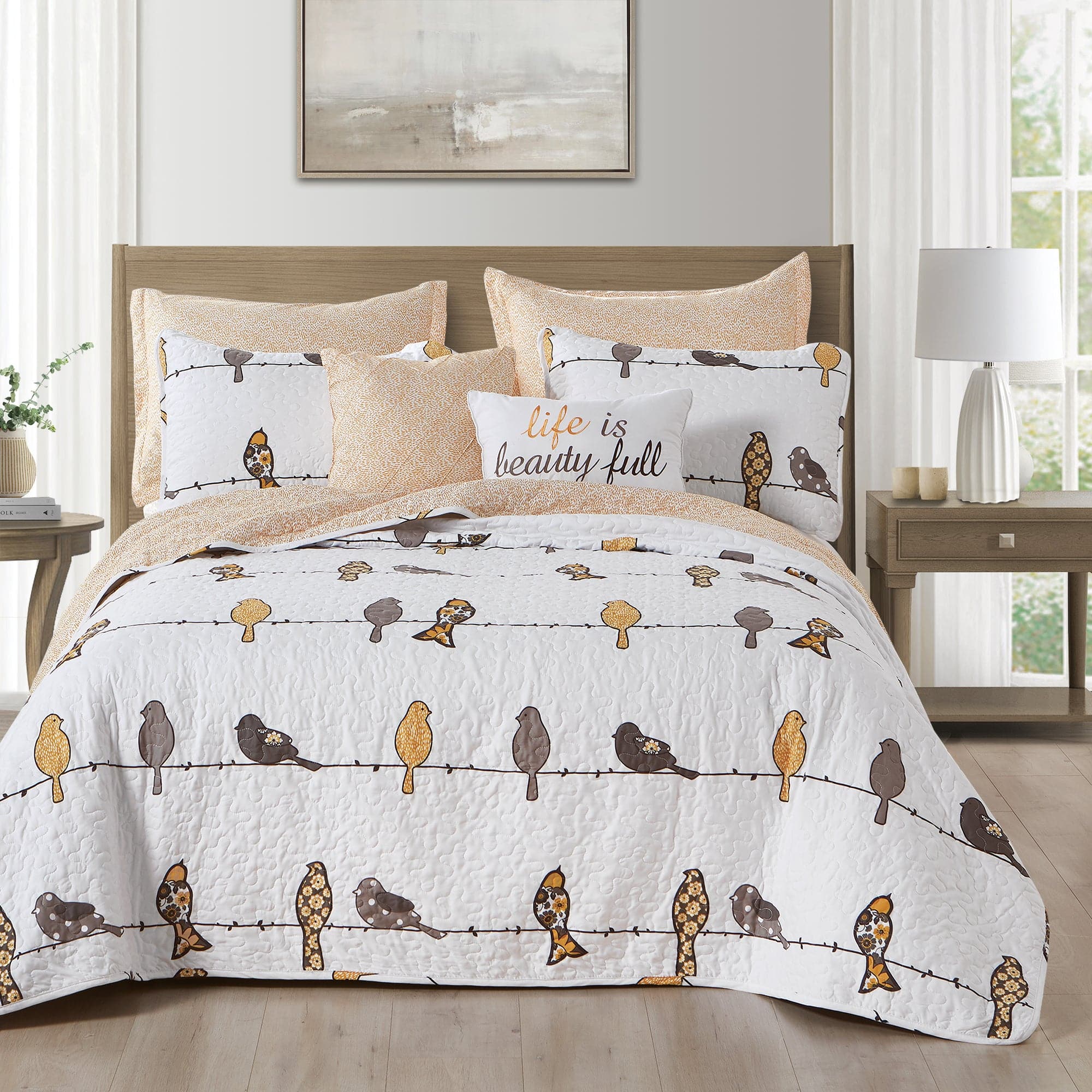 Rowley Birds Quilt 7-Piece Bedding Set - Soft Floral Printed Comforter with Matching Pillow Shams - Perfect for Guest Rooms, Master Bedrooms & Cozy Home Decor