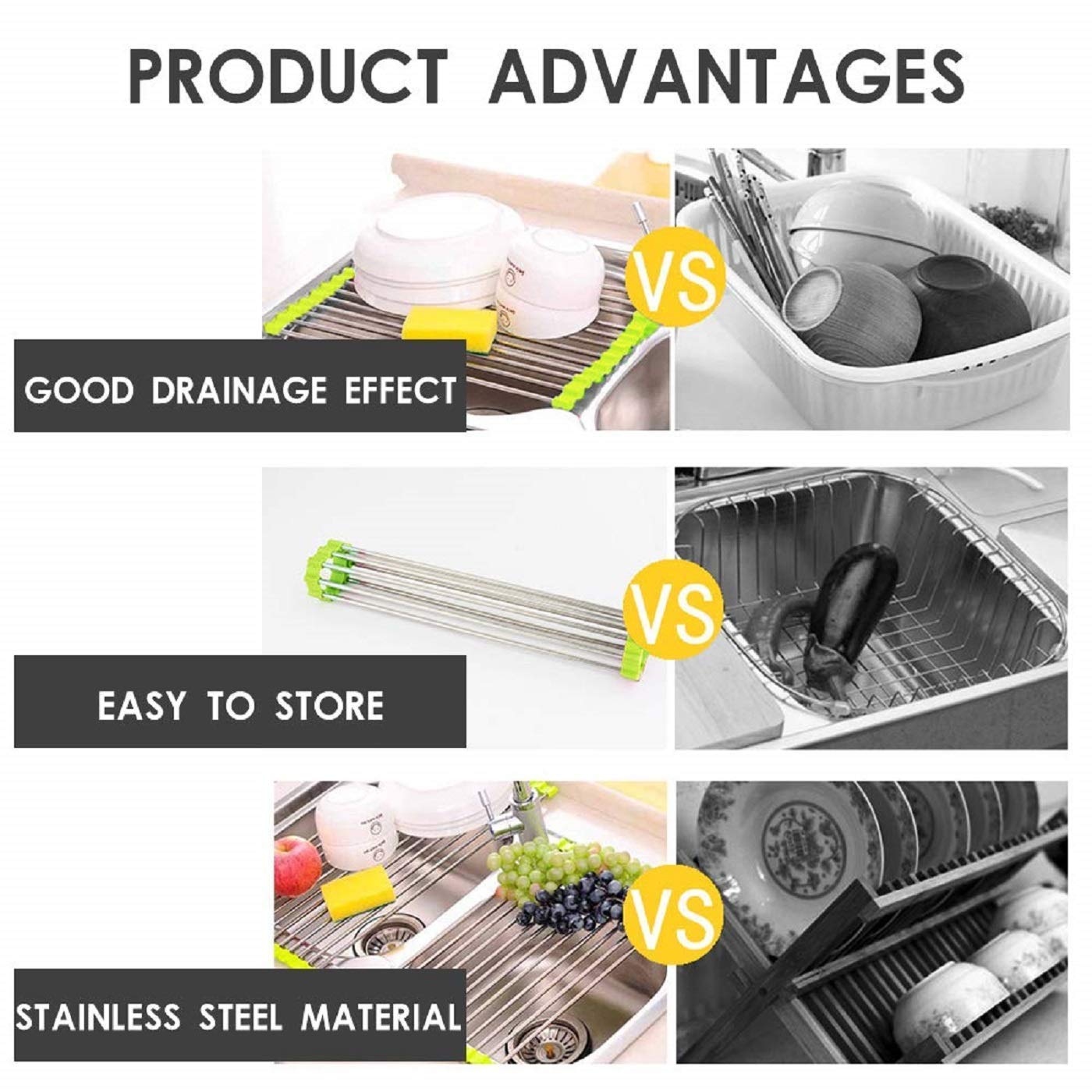 Foldable Stainless Steel Over Sink Dish Drainer - Space Saving Kitchen Utensil & Fruit Vegetable Drying Rack - Perfect for Small Kitchens, RVs & Camping Use