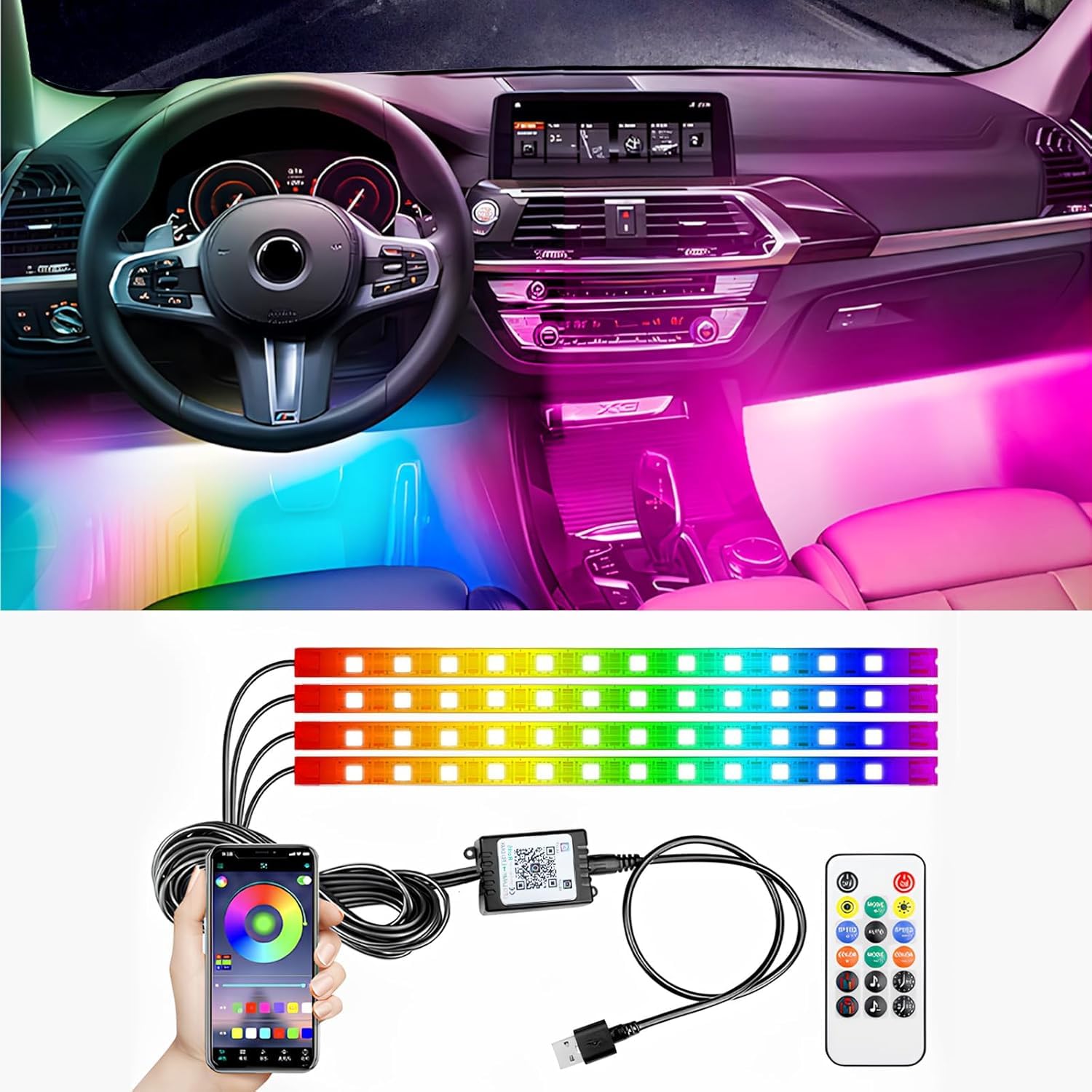 Car Strip Lights Interior LED RGB USB 12V Under Dash Lighting Kit - Smart APP & Remote Control, Multicolor Music Sync & DIY Modes for Footwell Neon Glow, Car Decor, Night Driving, and Party Ambiance