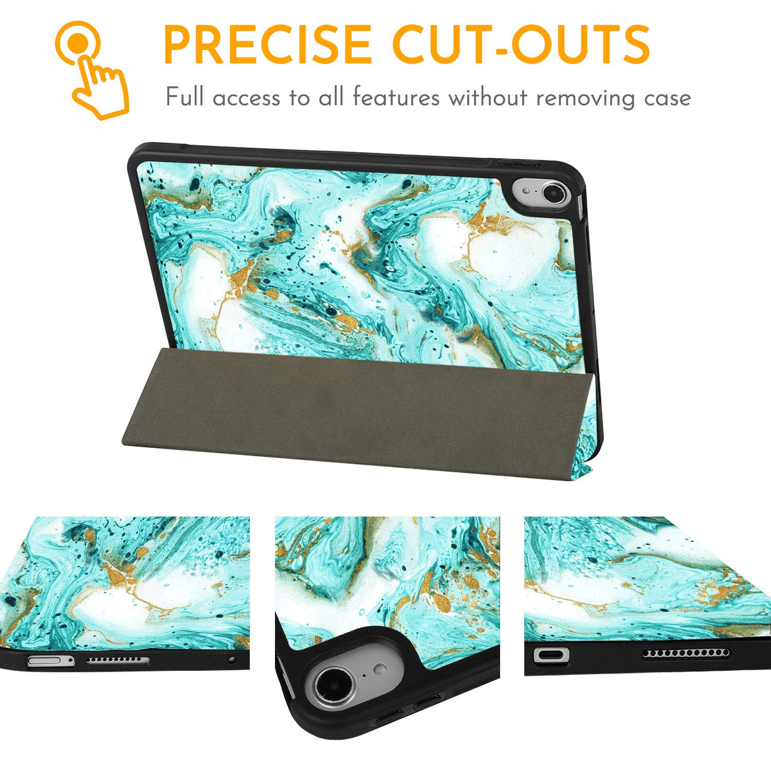 Hepix iPad Air 5th/4th Generation Case (2022/2020) with Pencil Holder - Slim Trifold Protective Cover for 10.9 inch iPad Air - Shockproof Stand with Auto Sleep/Wake - Green Teal Marble Design - Perfect for Work, School & Travel