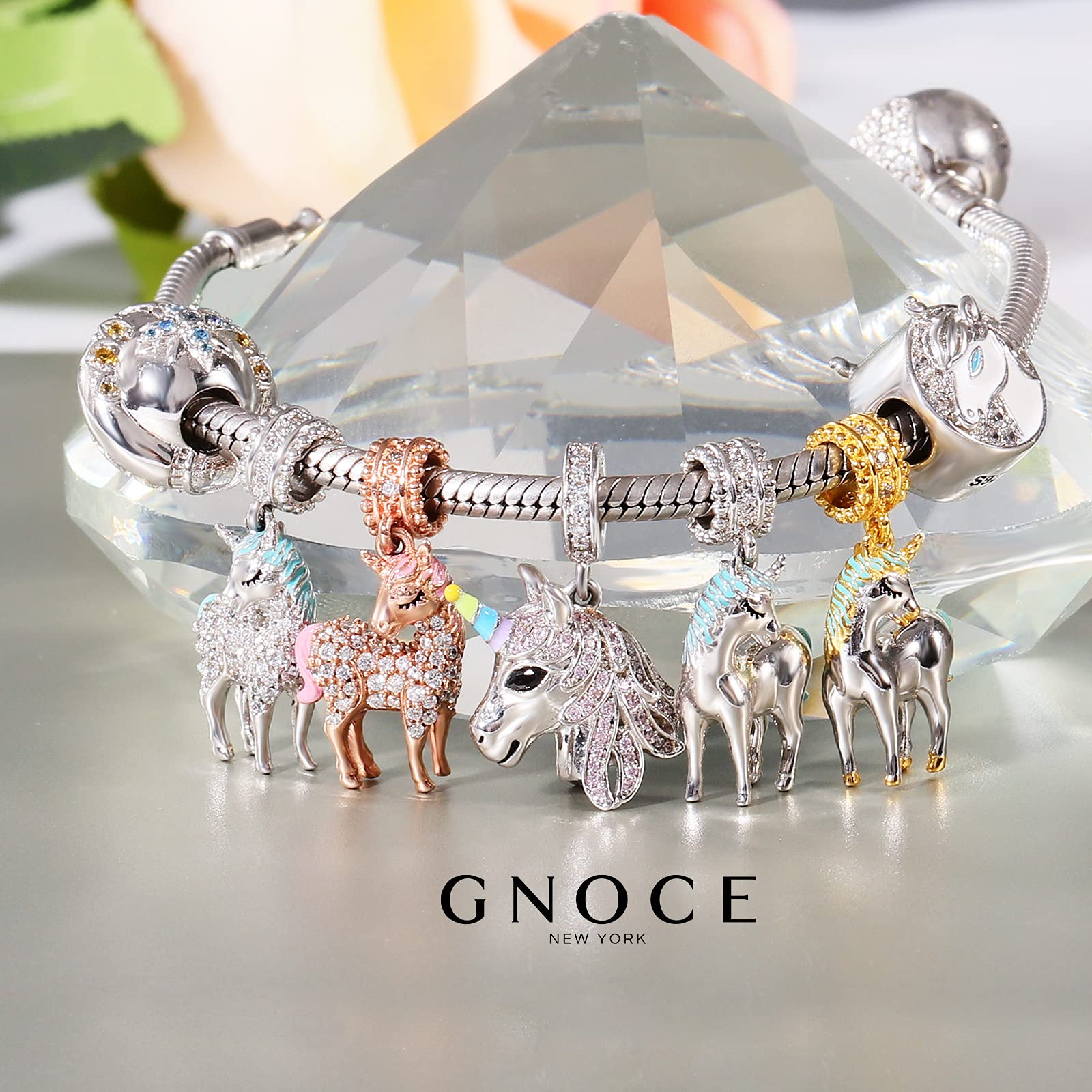 GNOCE 925 Sterling Silver 18K Rose Gold Plated Pink Unicorn Pendant Charm for Women - Sparkly & Vibrant Jewelry Gift for Birthday, Valentine's Day - Perfect for Bracelets, Necklaces & DIY Jewelry Making