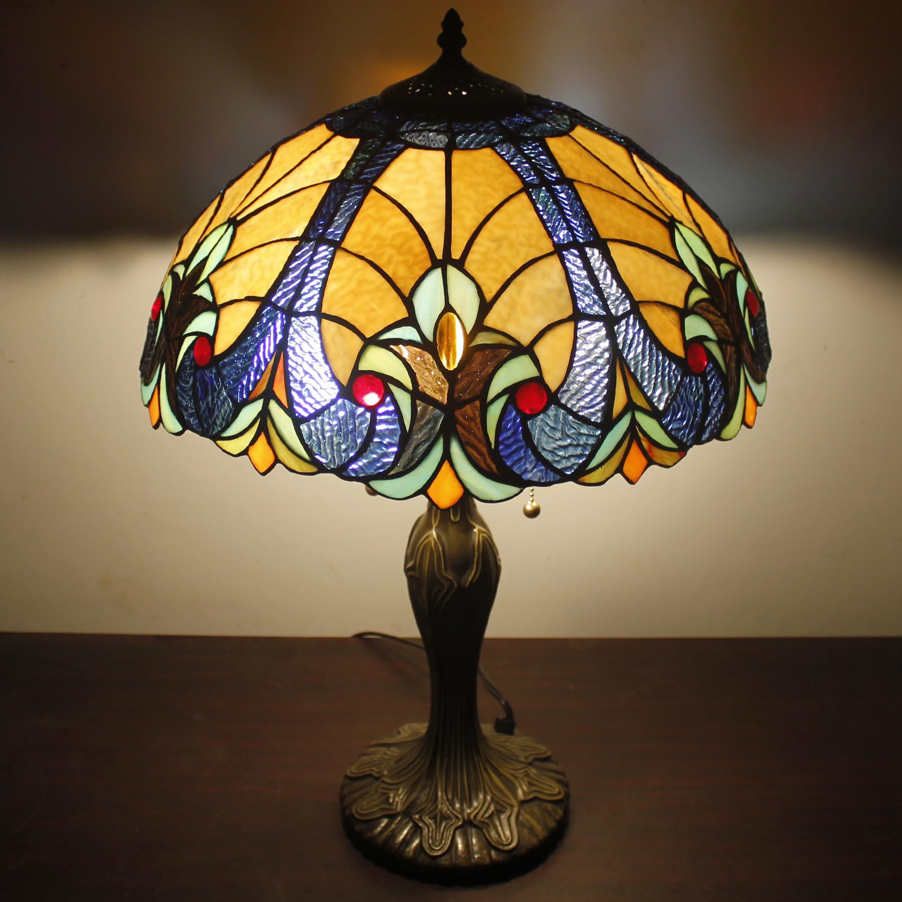 WERFACTORY Tiffany Style Yellow Stained Glass Table Lamp - 16x16x24 Inches Bedside & Desk Light with Metal Base for Bedroom, Living Room, Home Office (S160E Series) | Perfect for Reading, Decor & Ambient Lighting
