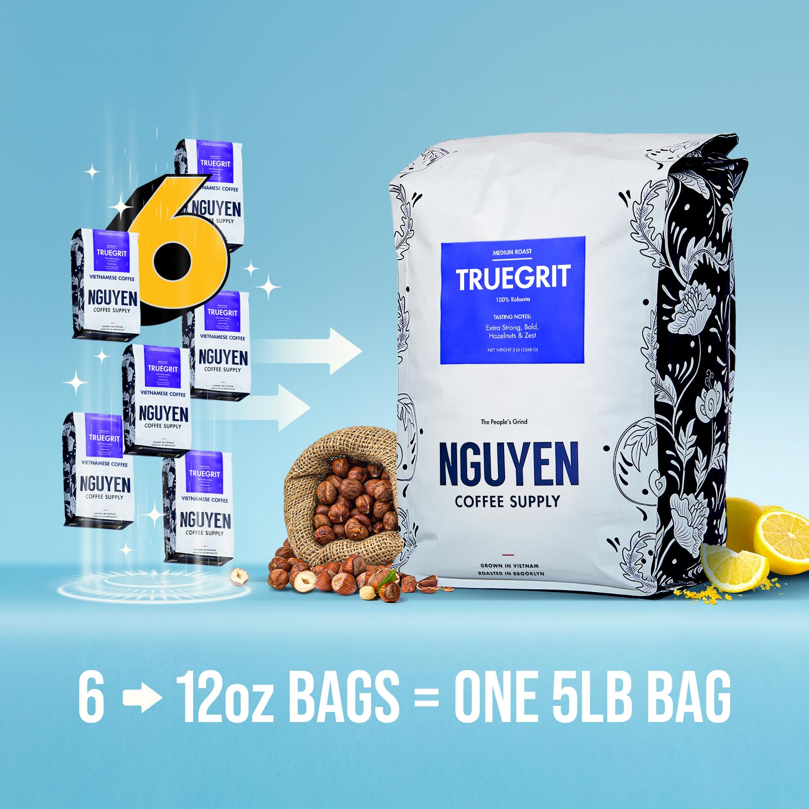 Nguyen Coffee Supply - Truegrit Robusta Medium Roast Whole Coffee Beans | Vietnamese Single Origin Direct Trade | Low Acid High Caffeine | Roasted in Brooklyn | 5 lb Bag | Perfect for Home Brewing, Office Use & Gifts