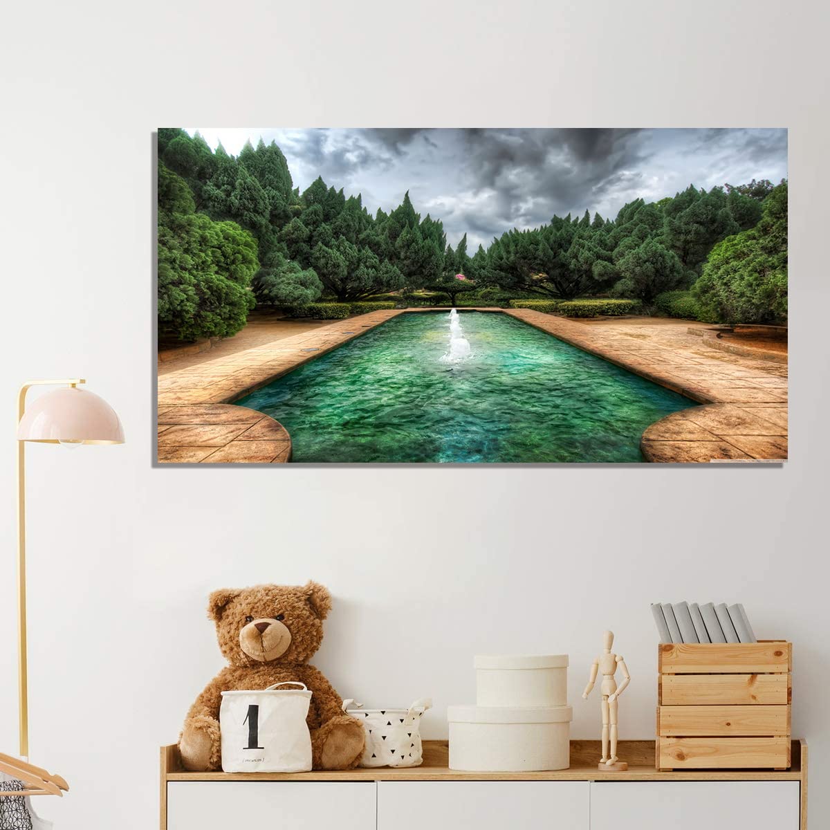 Garden Pool Canvas Art - Framed Landscape Painting Wall Decor for Home, Office, Bedroom - Ready to Hang - Perfect for Living Room, Dining Area & Spa Relaxation
