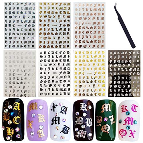 FunPa 7 Sheets Vintage Letter Nail Art Decals - DIY Nail Stickers for Women with Nail Art Tweezer - Perfect for Parties, Weddings & Salon Nail Designs