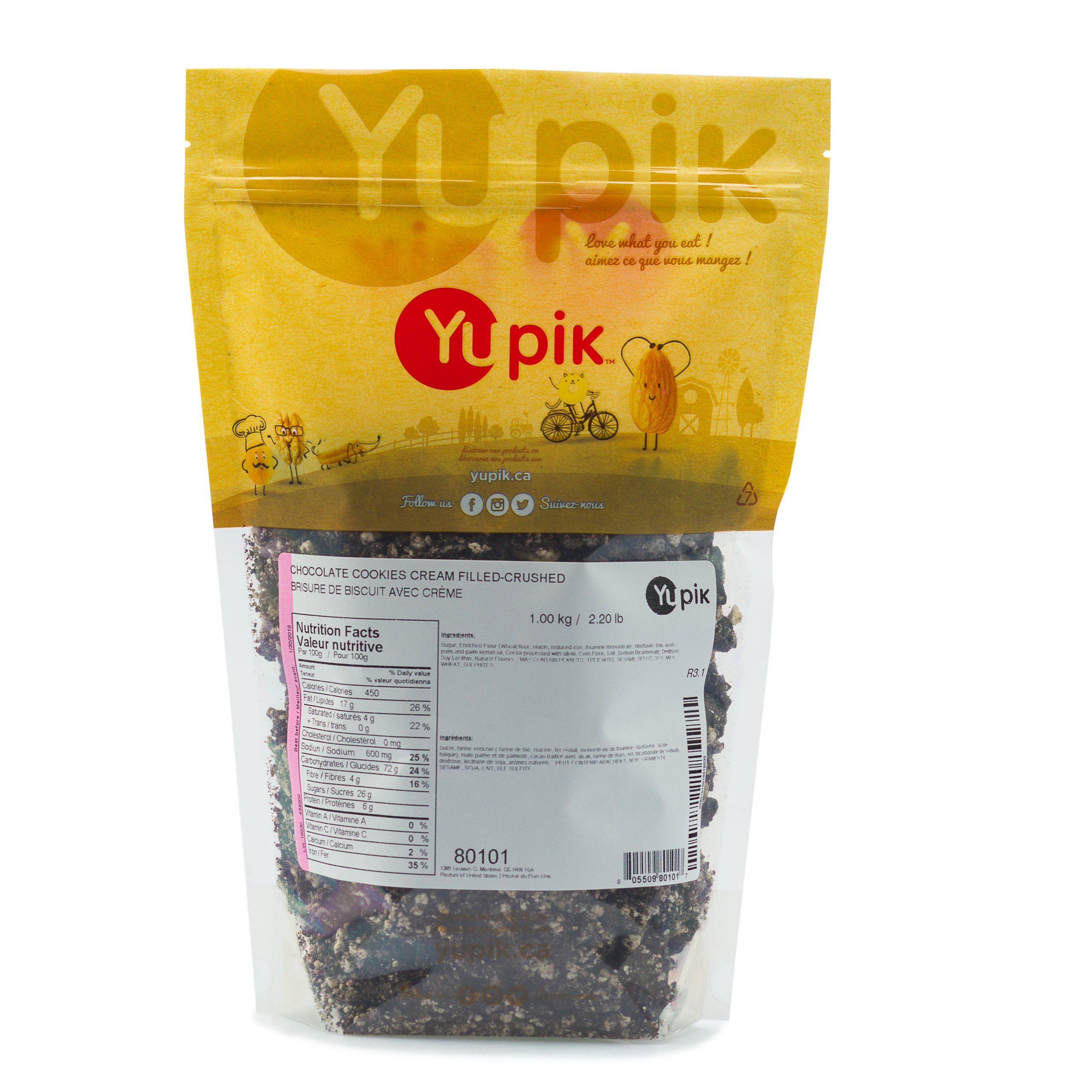 Yupik Chocolate Cookies N' Cream Crushed Pieces - 1kg Kosher Cream Filled Chocolate Cookies & Crumbs - Crunchy Sweet Candy Topping for Ice Cream, Baking, Dessert Decor & Snacking