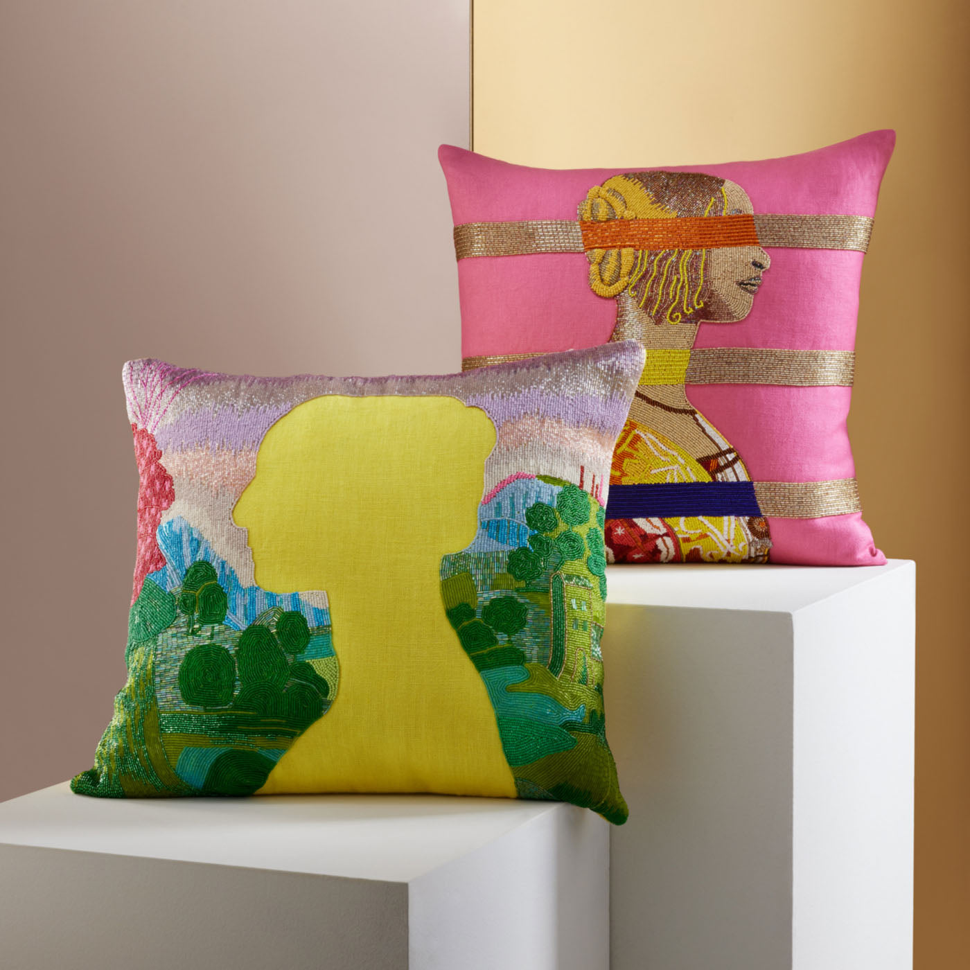 Renaissance Landscape Beaded Pillow - Bohemian Decorative Throw Pillow Cover for Sofa, Bed, Couch - Perfect for Home Decor, Living Room, Bedroom & Dorm