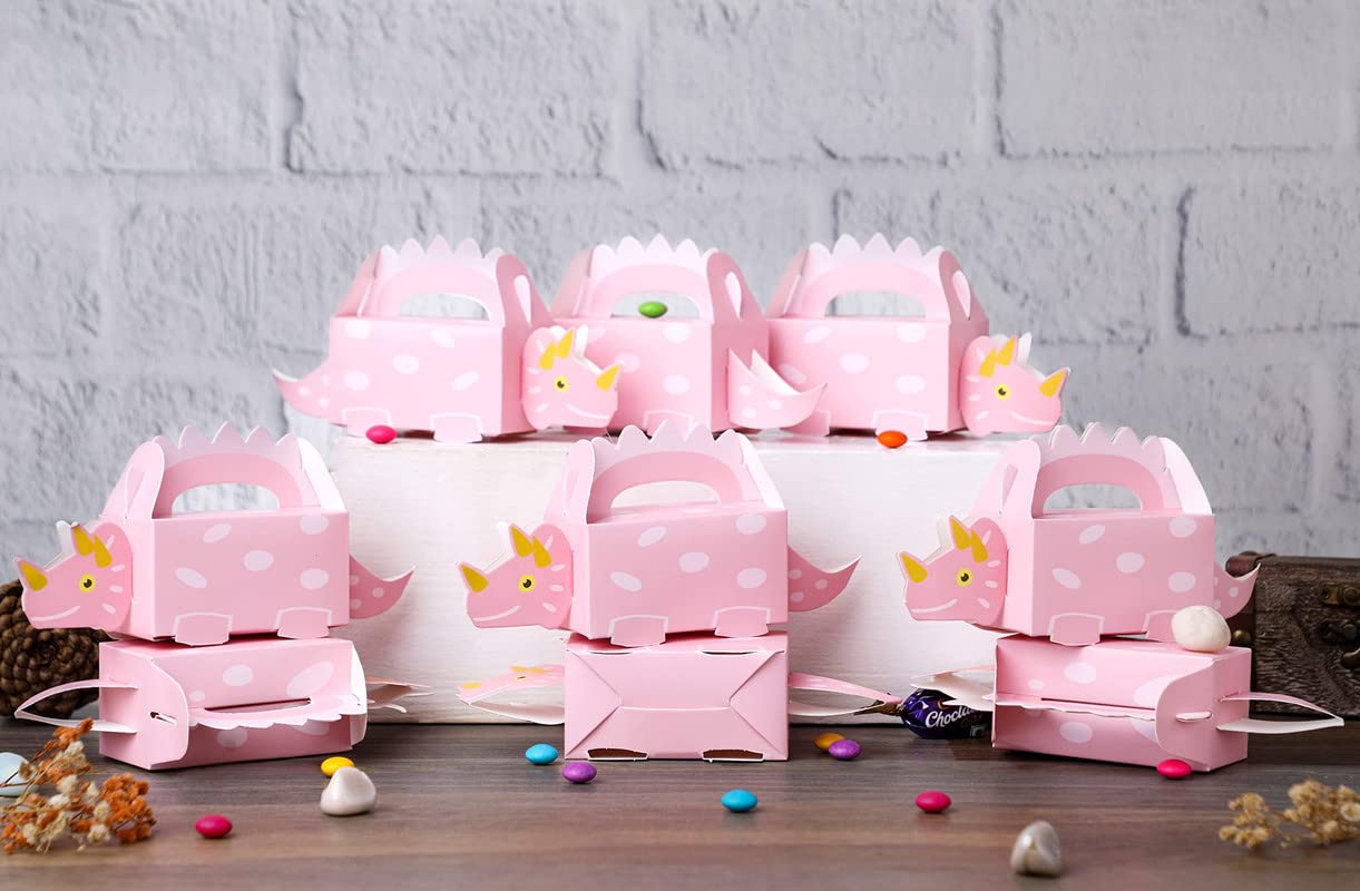 20-Piece Dinosaur Themed Folding Gift Box Set - Eco-Friendly Paper Storage Box for Chocolates, Dry Fruits, Party Favors | Perfect for Birthdays, Weddings, Engagements & Return Gifts (Pink, Pack of 20) | Great for Kids' Parties, Baby Showers & Themed Events