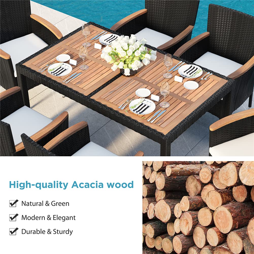 7-Piece Outdoor Sectional Conversation Set with Soft Cushions & Acacia Wood Table - Patio Wicker Furniture Set with Stackable Armrest Chairs - Perfect for Backyard, Garden, Poolside & Outdoor Entertaining