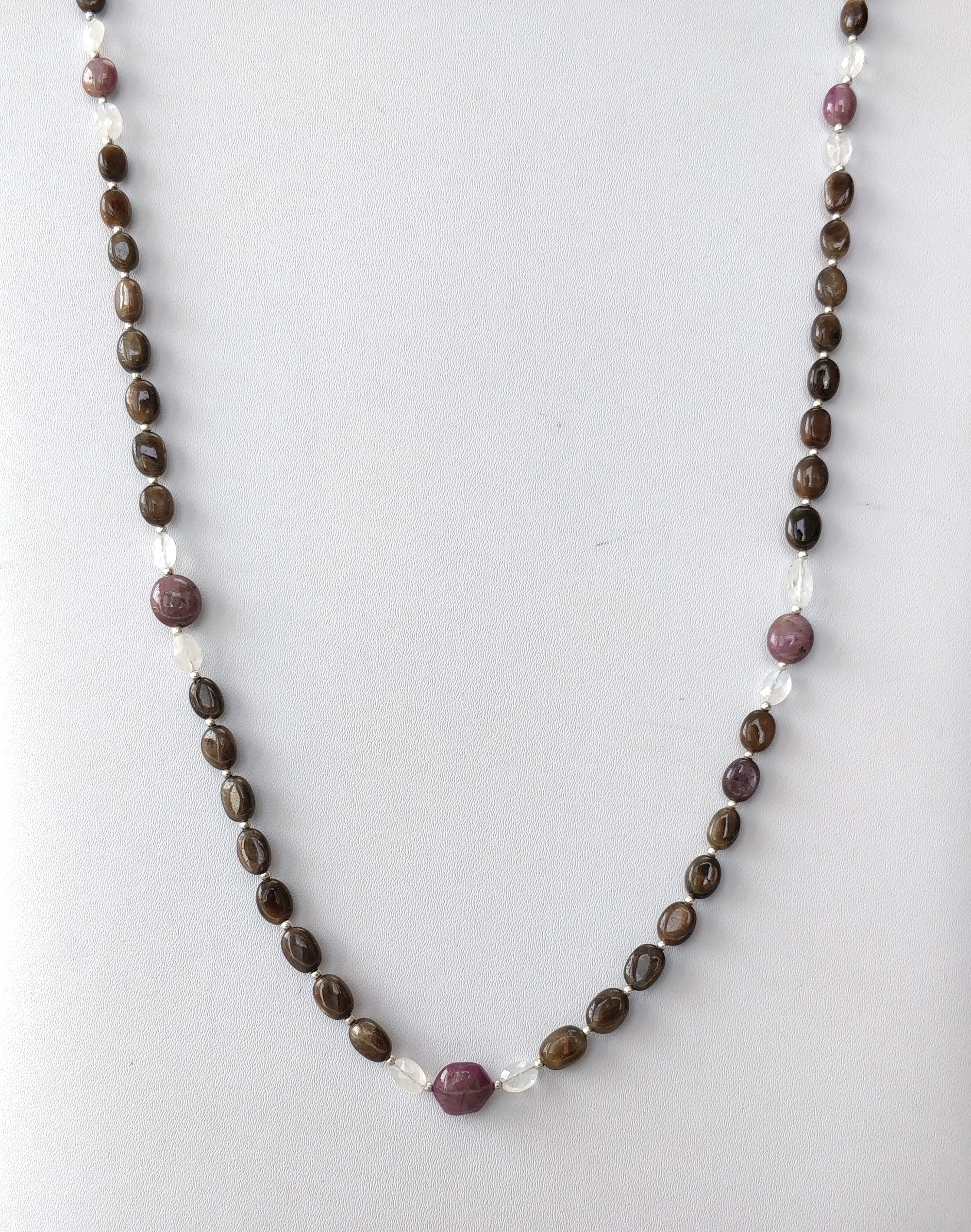 Natural Chocolate Sapphire Moonstone & Star Ruby Gemstone Necklace - 122.00cts Untreated Oval Stones with 925 Sterling Silver (6*4mm & 9*8mm) | Elegant Jewelry for Women, Perfect for Weddings, Parties & Special Occasions