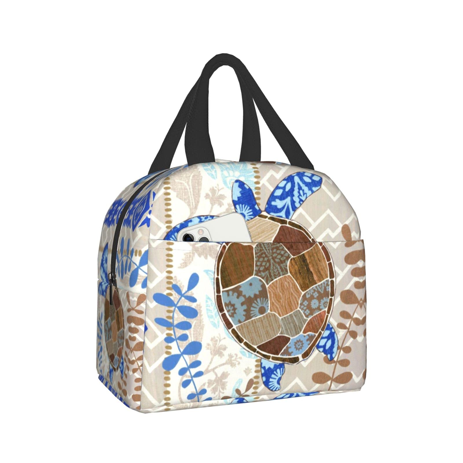 Insulated Lunch Bag with Front Pocket - Reusable Wooden Sea Turtle Cooler Tote for Women, Men & Kids - Perfect for Work, School & Picnics