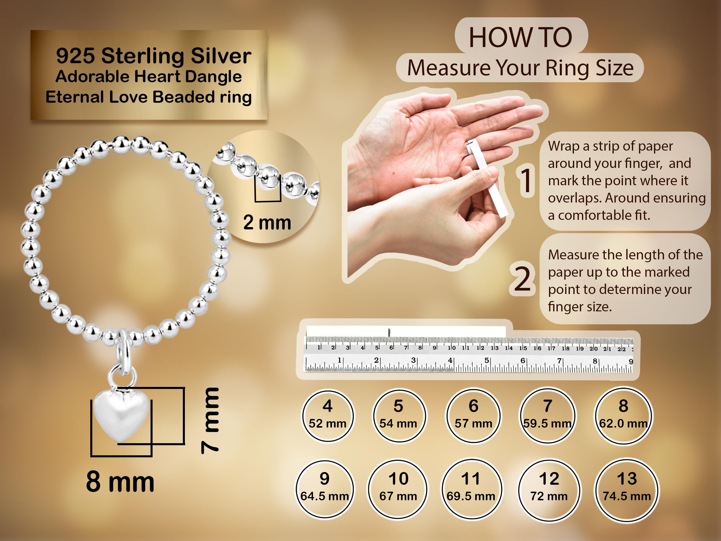 AeraVida Sterling Silver Heart Dangle Beaded Ring for Women - Size 4-12 | Eternal Love Jewelry Gift | Perfect for Valentine's Day, Anniversary & Romantic Occasions