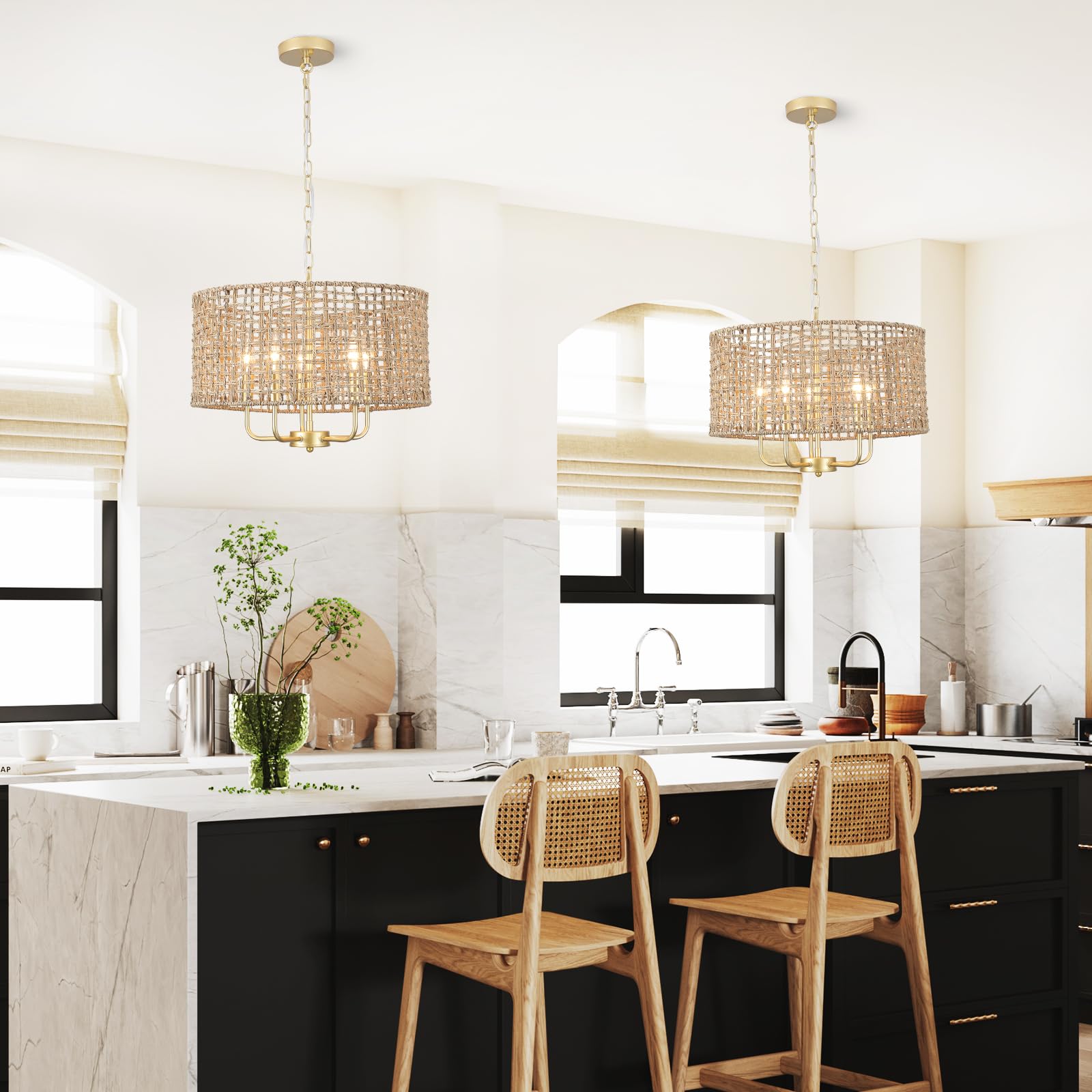 Boho Rattan Chandelier 5-Light Gold Woven Pendant Light, Coastal Wicker Drum Chandelier for Dining Room, Kitchen Island, Bedroom, Living Room, Entryway, Perfect for Farmhouse, Beach House, and Modern Interiors