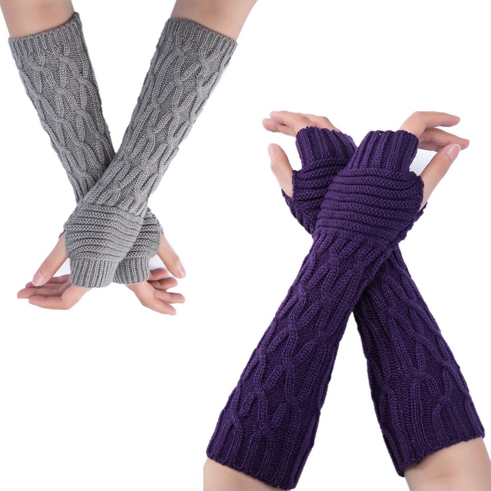 2 Pairs Women's Long Arm Warmers Fingerless Knit Gloves - Winter Cycling, Running, Yoga & Outdoor Activities