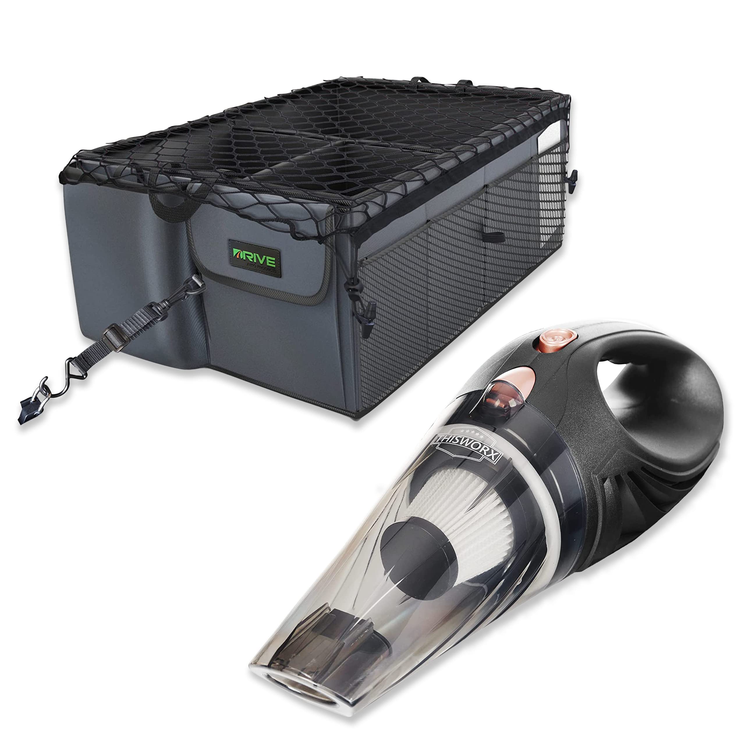 DRIVE AUTO PRODUCTS Premium Trunk Organizer & Car Vacuum Cleaner Bundle – Perfect for Road Trips, Camping & Car Organization