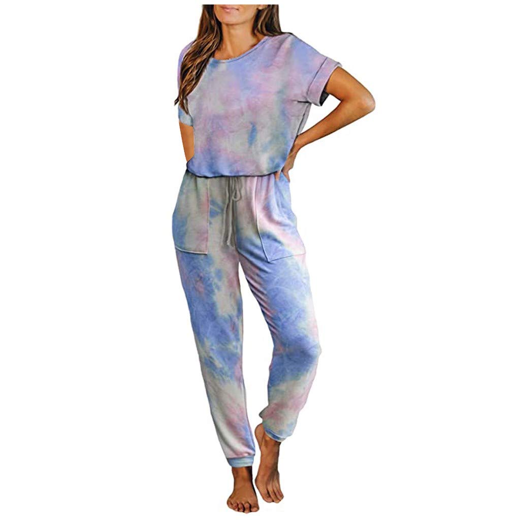 Women's Tie-Dye Loose Fit Short Sleeve Sleep Shirt Onesie Set - Comfortable Pajama Lounge Wear for Sleepovers, Relaxing at Home & Summer Nights