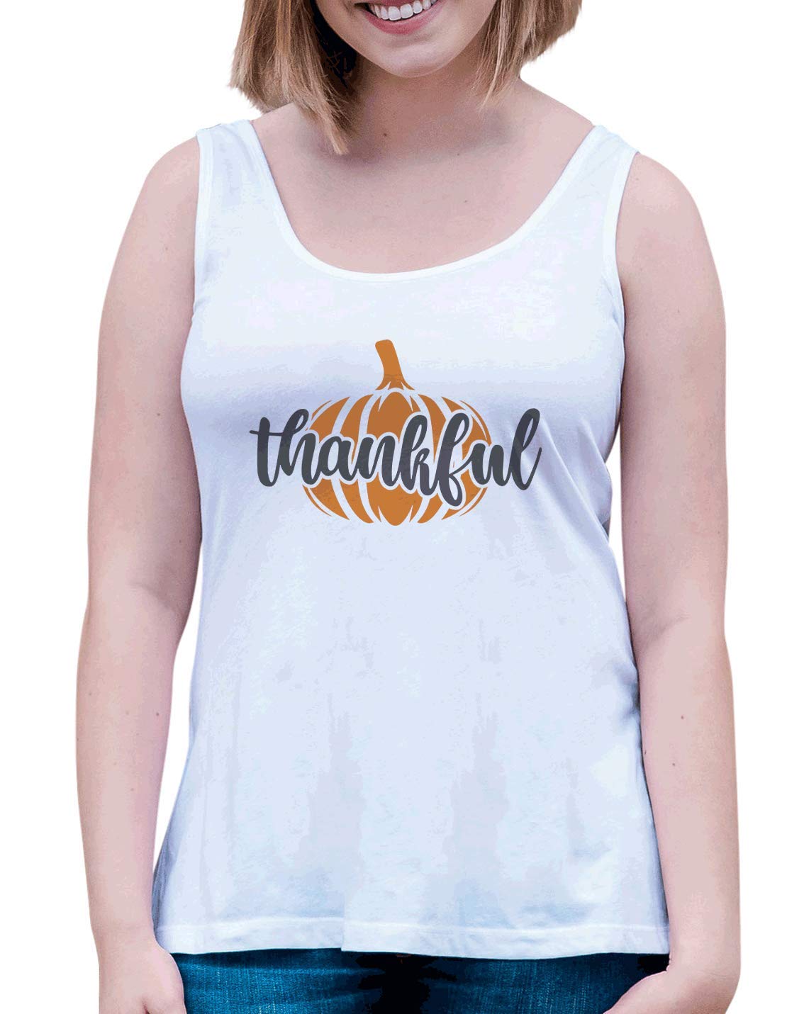 7 ate 9 Apparel Women's Thankful Pumpkin Graphic T-Shirt - Cute Fall Thanksgiving Outfit for Family Gatherings & Autumn Photoshoots