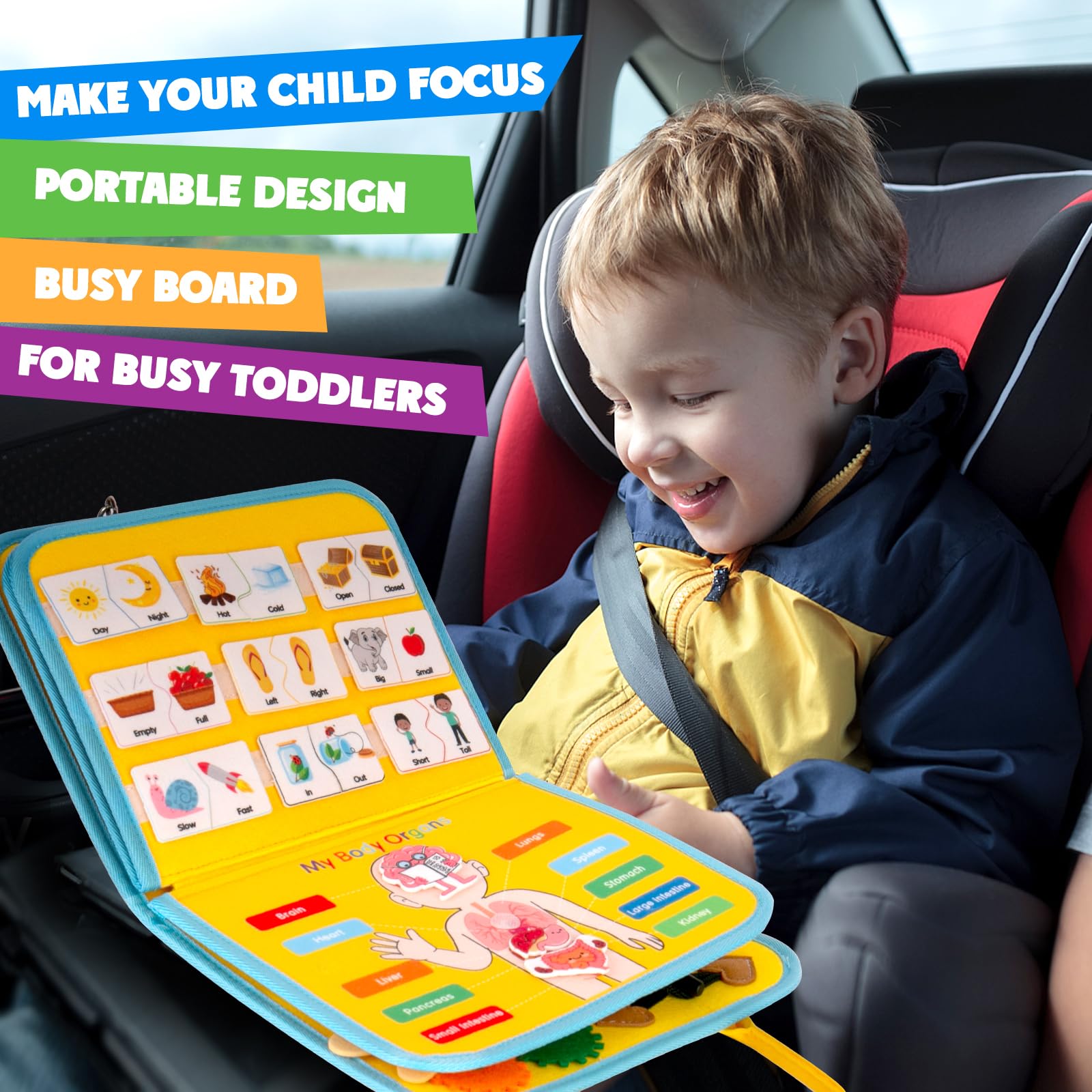 Montessori Busy Board for Toddlers - Sensory Learning Toy for Fine Motor Skills Development - Educational Activity Board for Boys & Girls - Perfect Christmas & Birthday Gift (Yellow) - Ideal for Home, Travel & Classroom Learning
