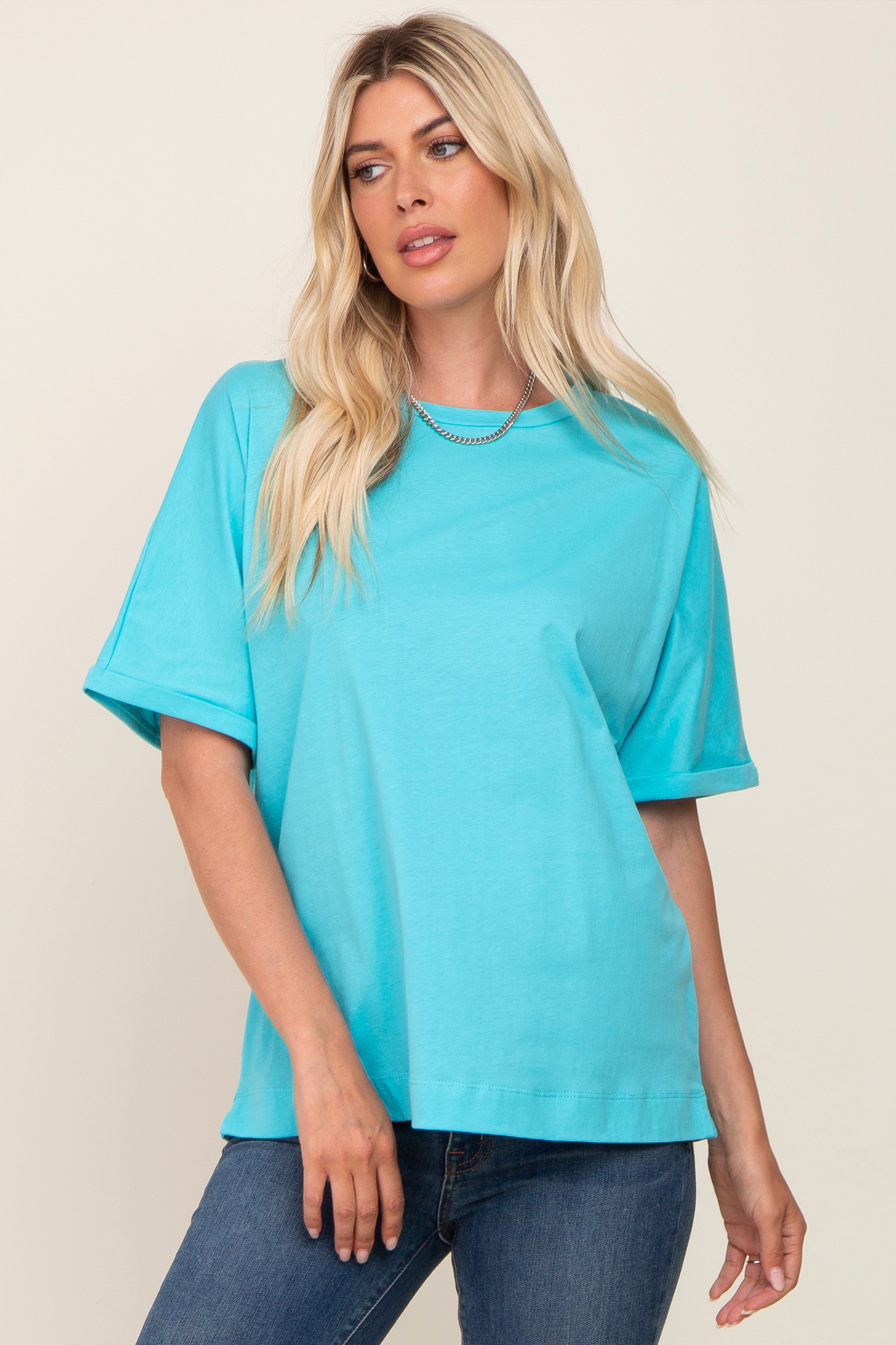 Aqua Oversized Rolled Short Sleeve T-Shirt for Women - Casual Summer Beachwear & Vacation Outfit