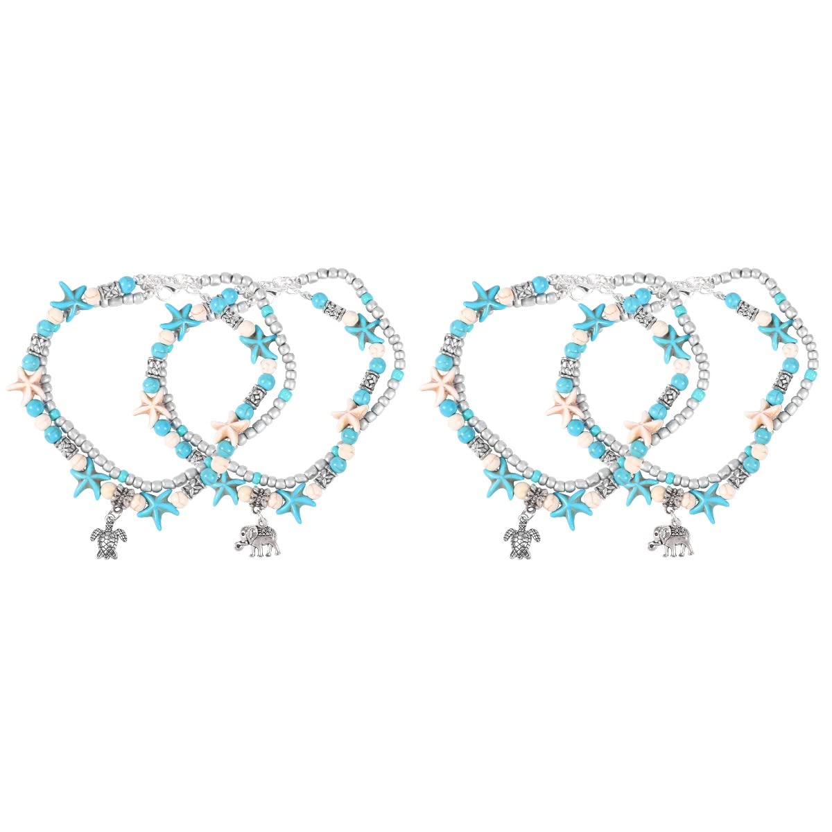 Amosfun 4pcs Boho Beach Anklet Bracelets for Women - Shell & Bead Ankle Jewelry with Turtle & Elephant Charms, Multi-Layer Summer Foot Chain | Perfect for Vacations, Music Festivals & Boho Fashion