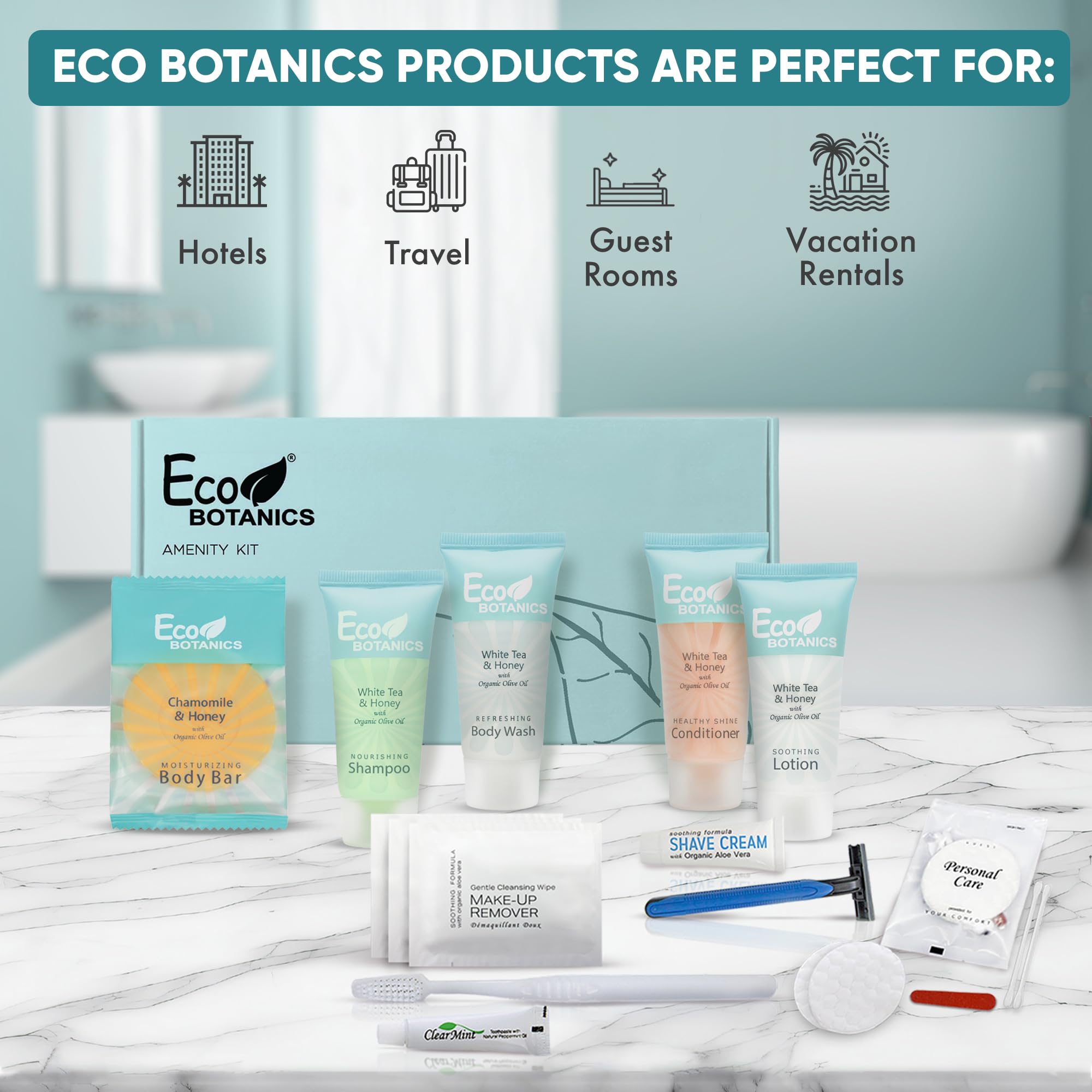 Eco Botanics Travel Amenity Kit - 15 Sets per Case | 0.85 oz Shampoo, Conditioner, Body Wash, Lotion, Soap Bar, Makeup Wipes & Dental Kit | Perfect for Hotels, Airlines, Spas & Luxury Travel Toiletries