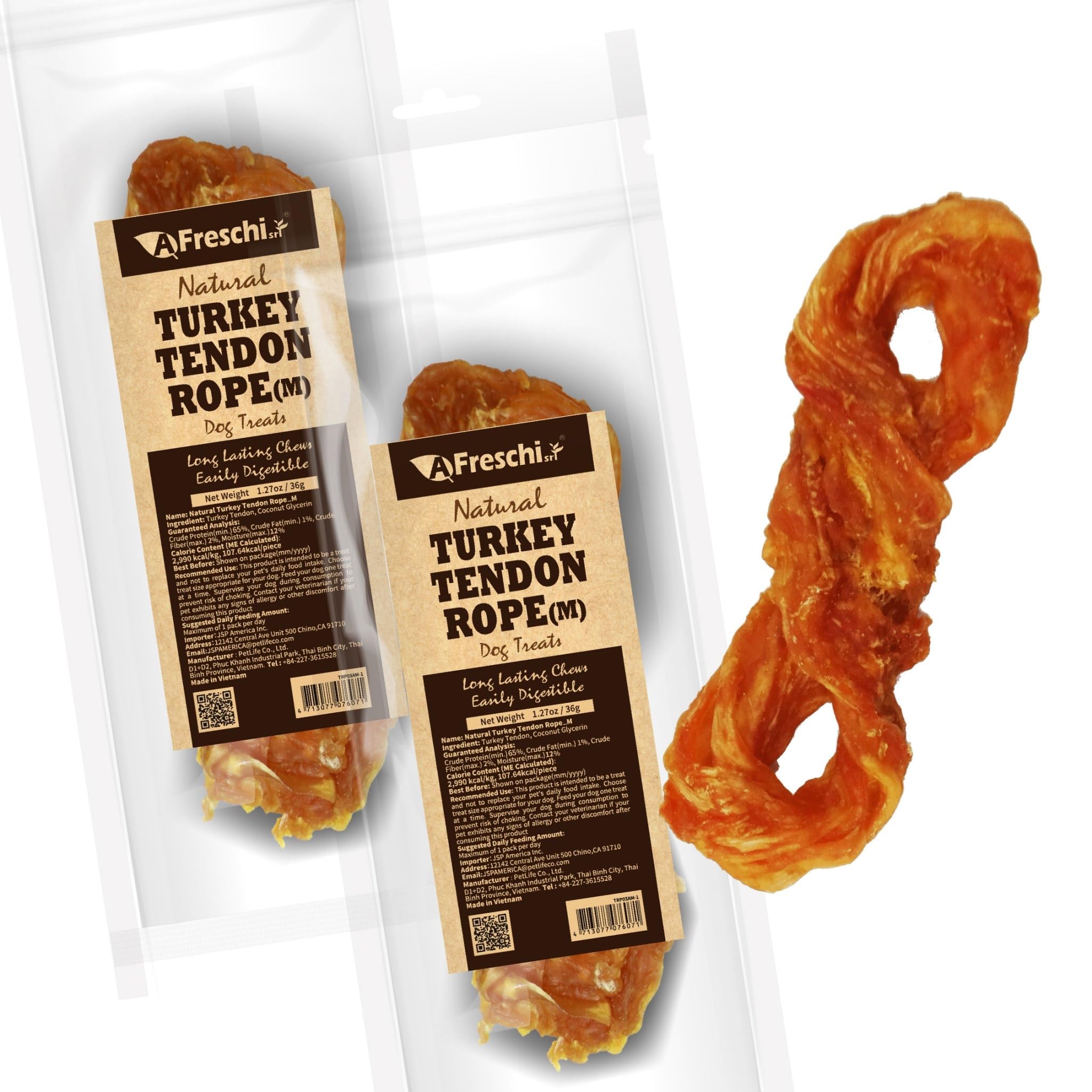 Premium Afreschi Turkey Tendon Dog Treats - All-Natural, Human-Grade Puppy Chews - Hypoallergenic Rawhide Alternative - USA-Sourced Turkey - 20-Pack Medium Ropes - Perfect for Training, Dental Health & Long-Lasting Chewing Fun