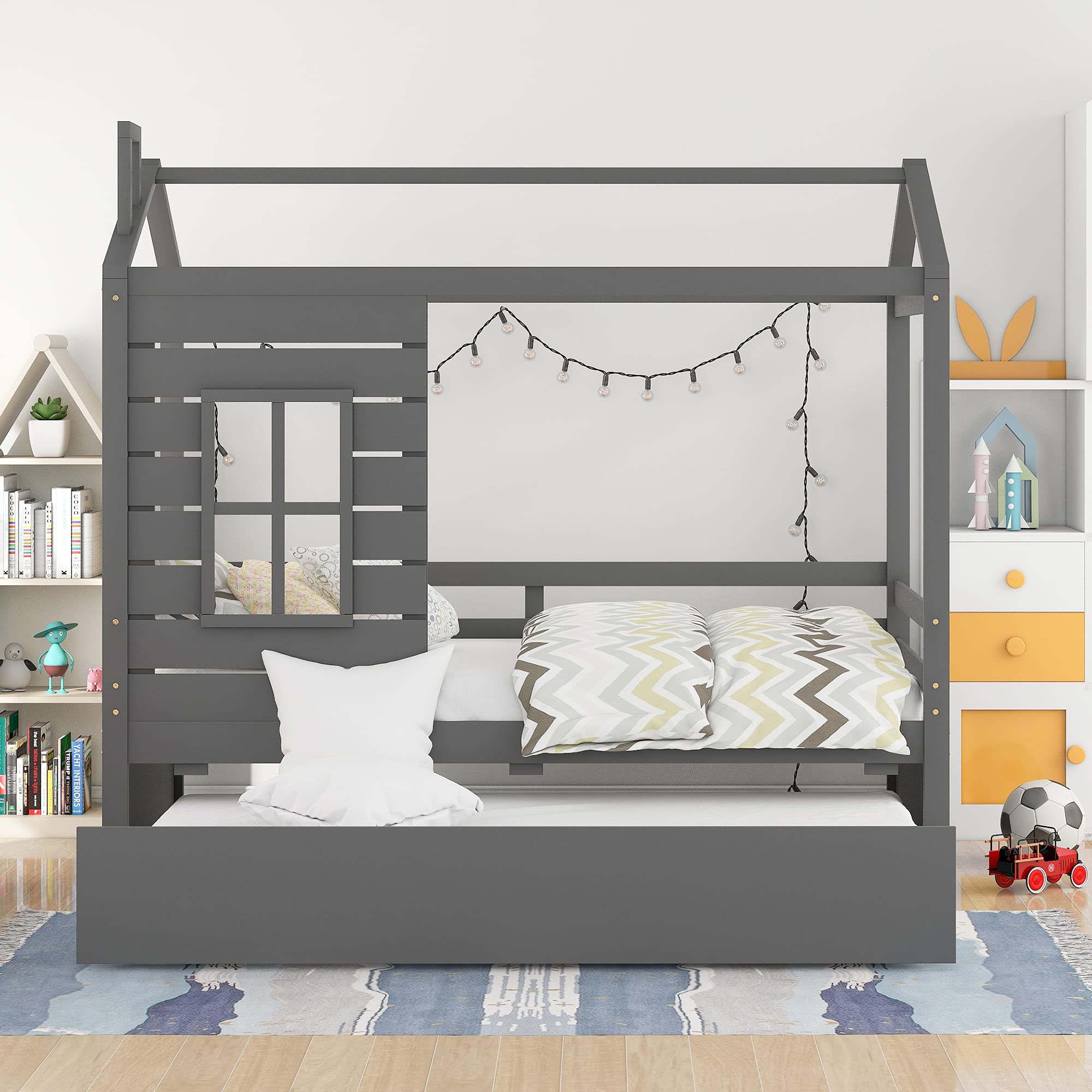 RUNNA Twin Size Wooden House Bed with Trundle - Gray Kids Bed Frame with Roof, Window & Guardrail for Children's Room | Perfect for Toddlers, Boys & Girls Bedroom Decor | Playful Sleep Solution for Daydreaming & Imaginative Play