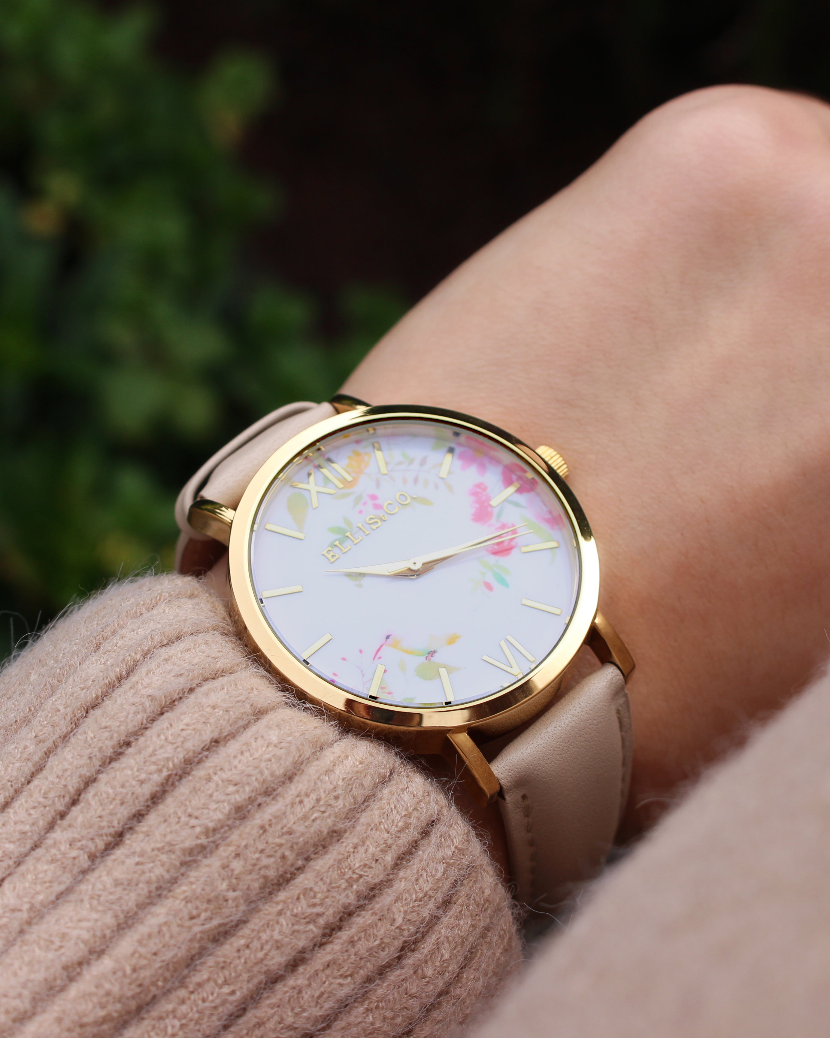 Ellis & Co Holly Floral Dial Women's Watch with Nude Leather Band - Elegant Floral Design for Everyday Wear & Special Occasions