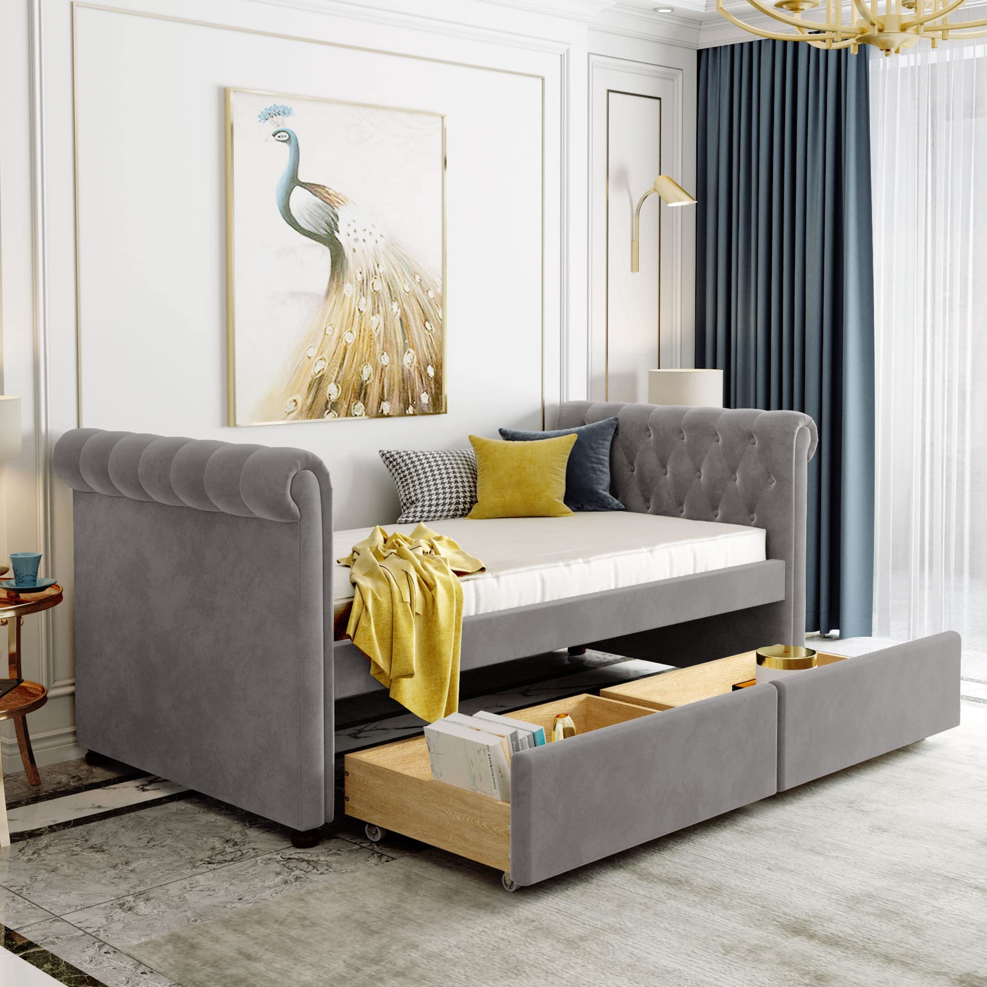 Twin Upholstered Daybed with 2 Drawers, Wood Sofa Bed Frame for Kids Teens Boys Girls - Gray | Perfect for Small Spaces, Guest Rooms & Kids' Bedrooms