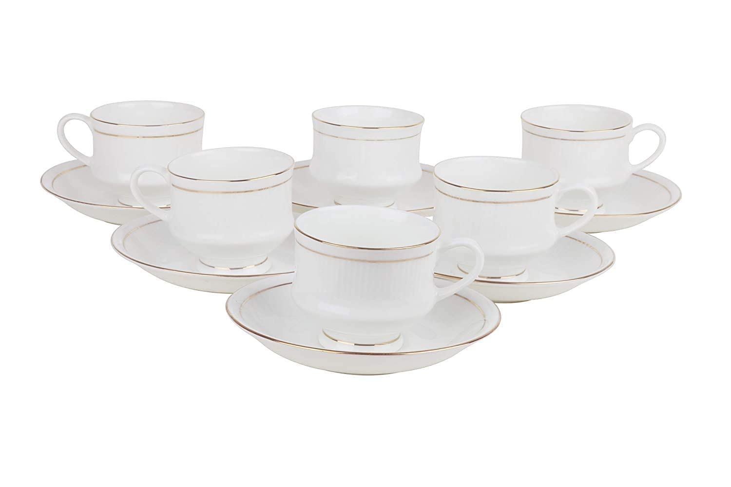 Premium Bone China Tea Cup and Saucer Set - 12 Piece Fine Porcelain Tableware with Gold Trim (6 Cups & 6 Saucers, 140ml) - Perfect for Afternoon Tea, Bridal Showers, and Elegant Dinner Parties